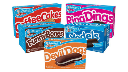 Drakes Variety Pack Yodels, Ring Dings, Devil Dogs, Funny Bones, and Coffee Cakes, Chocolate
