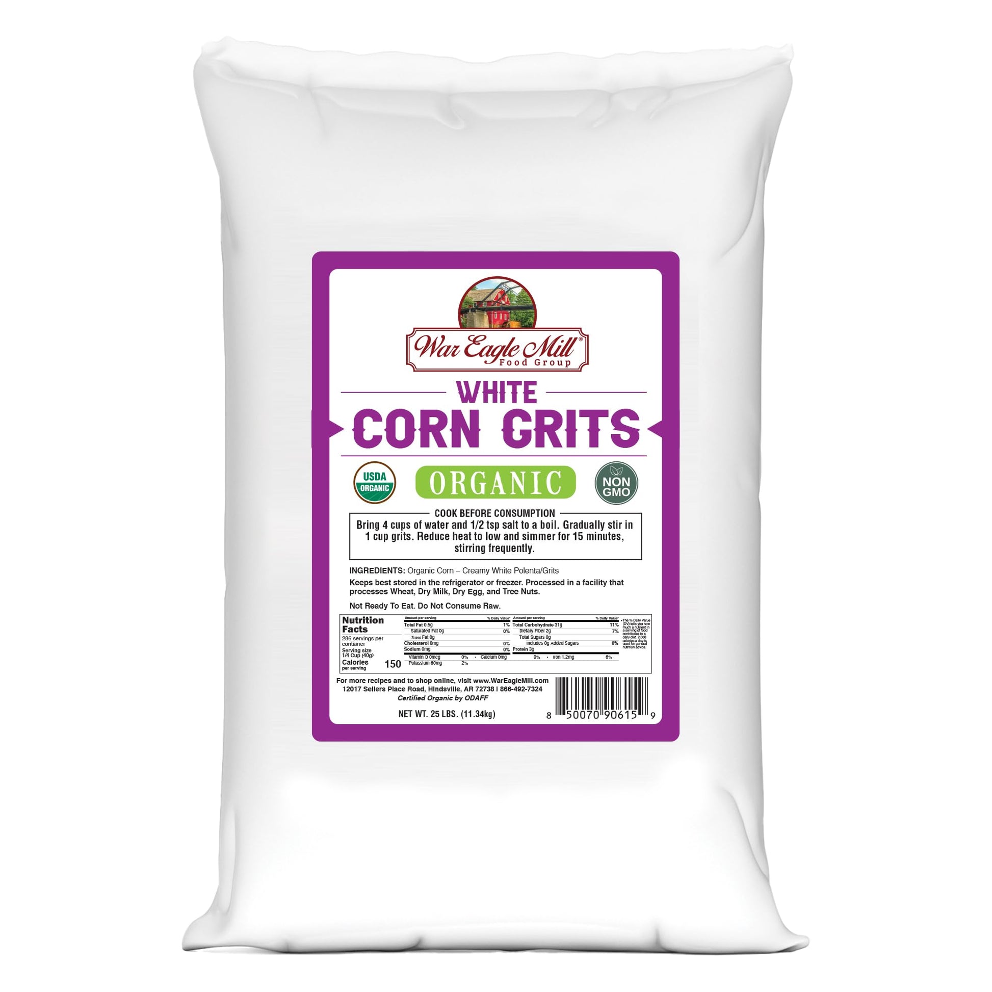 War Eagle Mill Organic White Corn Grits, 25 Pounds