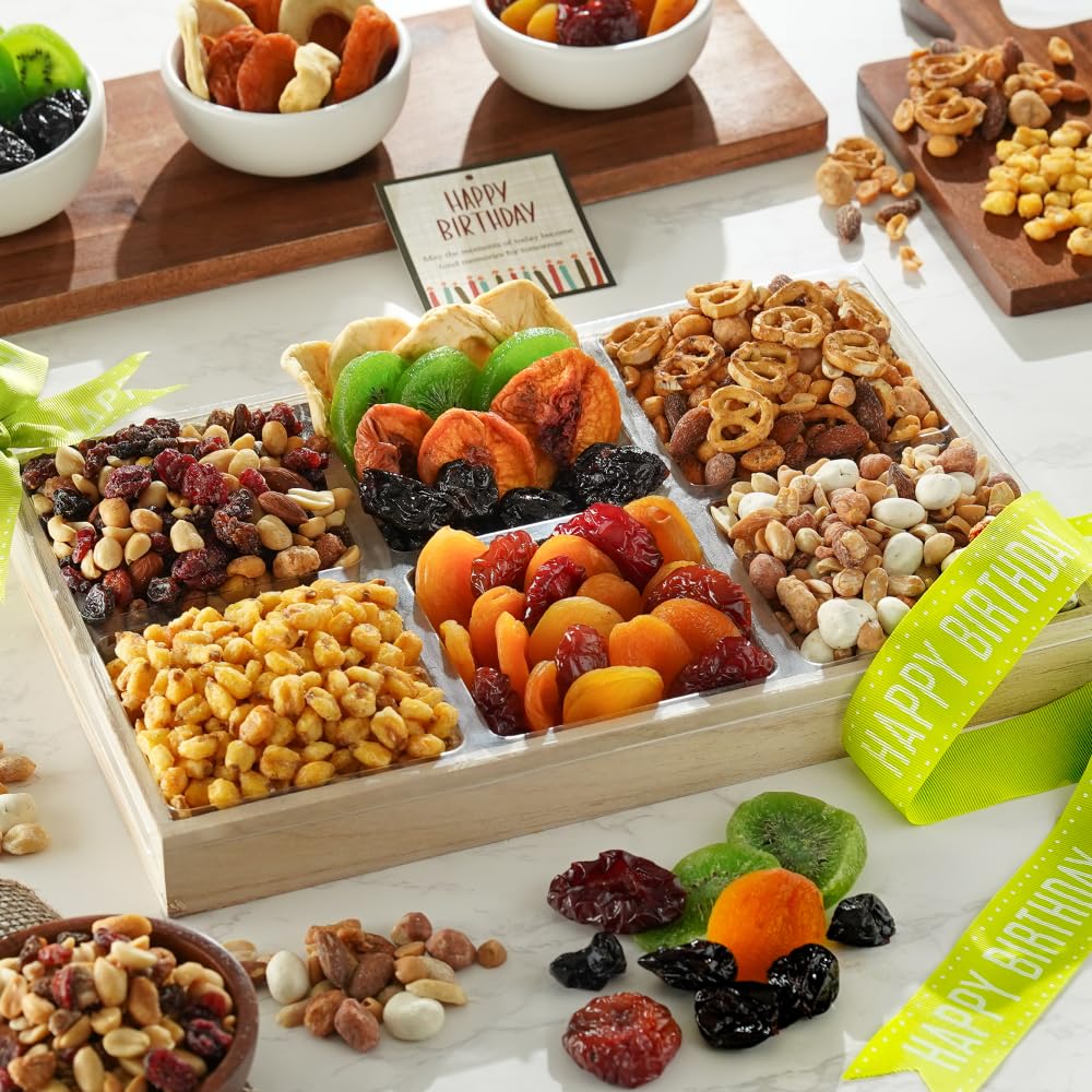 Broadway Basketeers Dried Fruit And Nuts Birthday Gift Basket - A Healthy Assortment Of Fruits And Nuts  Great For Celebration Corporate  Men  Women