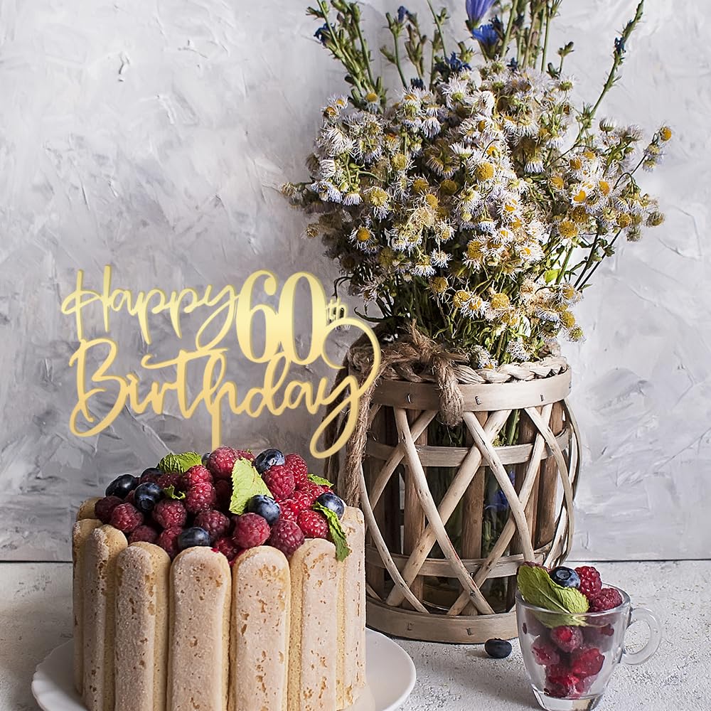 Bekaterea Happy 60Th Birthday Cake Topper, Mirrored Gold Acrylic, 1 Each, 6.6 Inches Square, Perfect For 60Th Birthday Party Dec