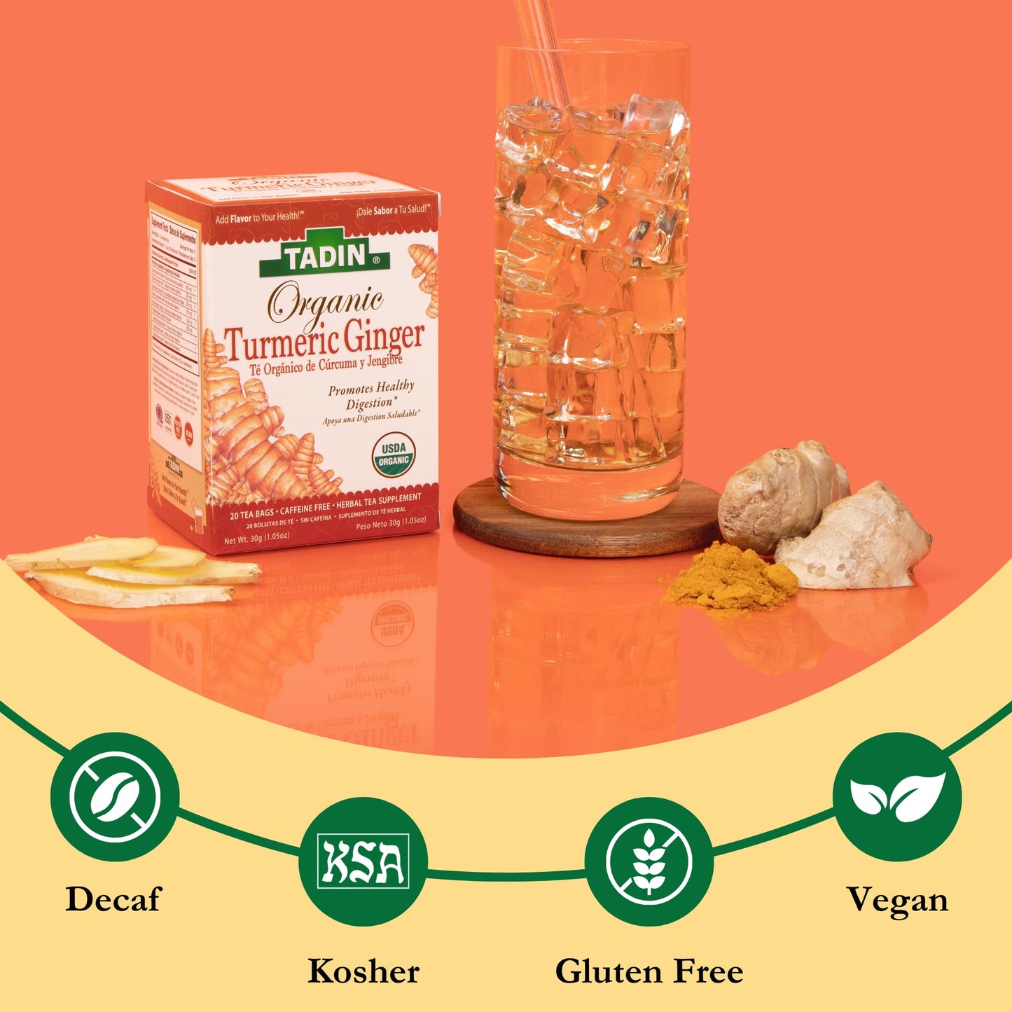 Tadin Organic Turmeric Ginger Tea, Caffeine Free Herbal Tea, 20 Count, Pack of 6, Model 7-67531-55253-7