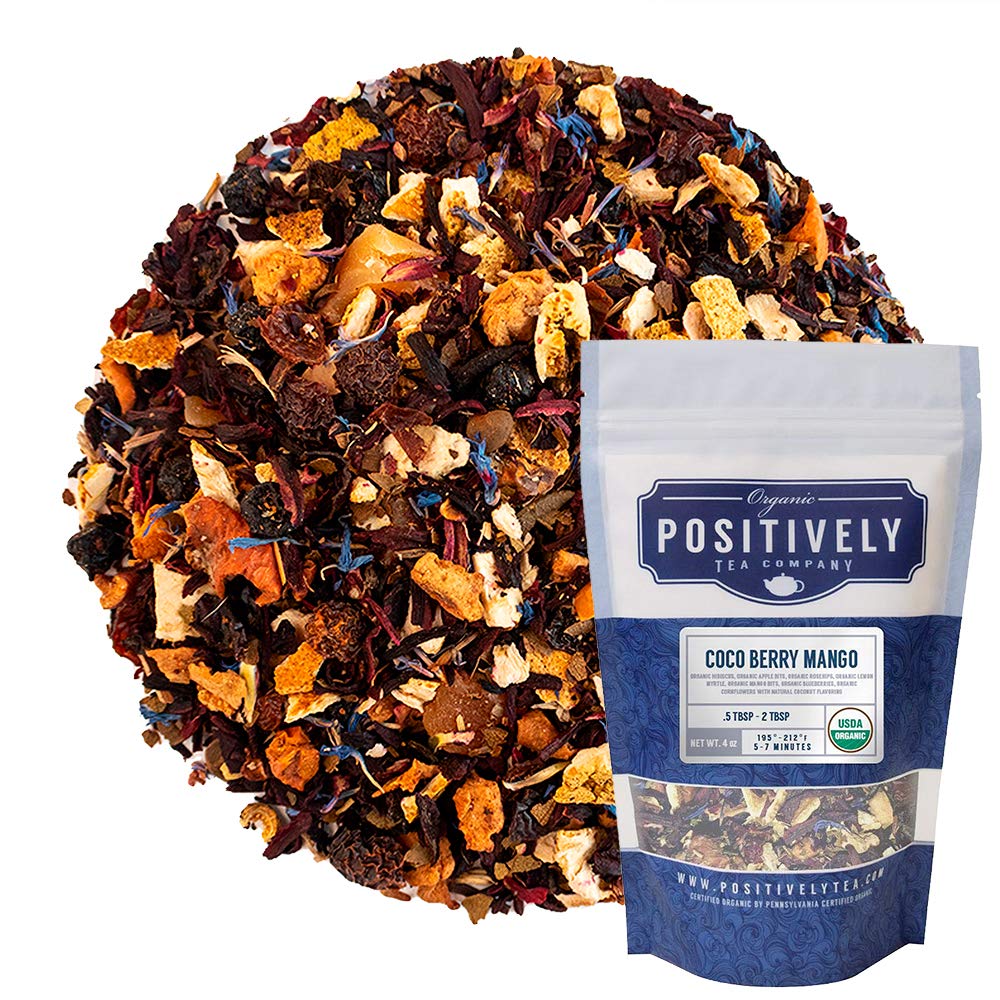 Organic Positively Tea Company Herbal Tea, Coco Berry Mango, Loose Leaf, 4 Ounce