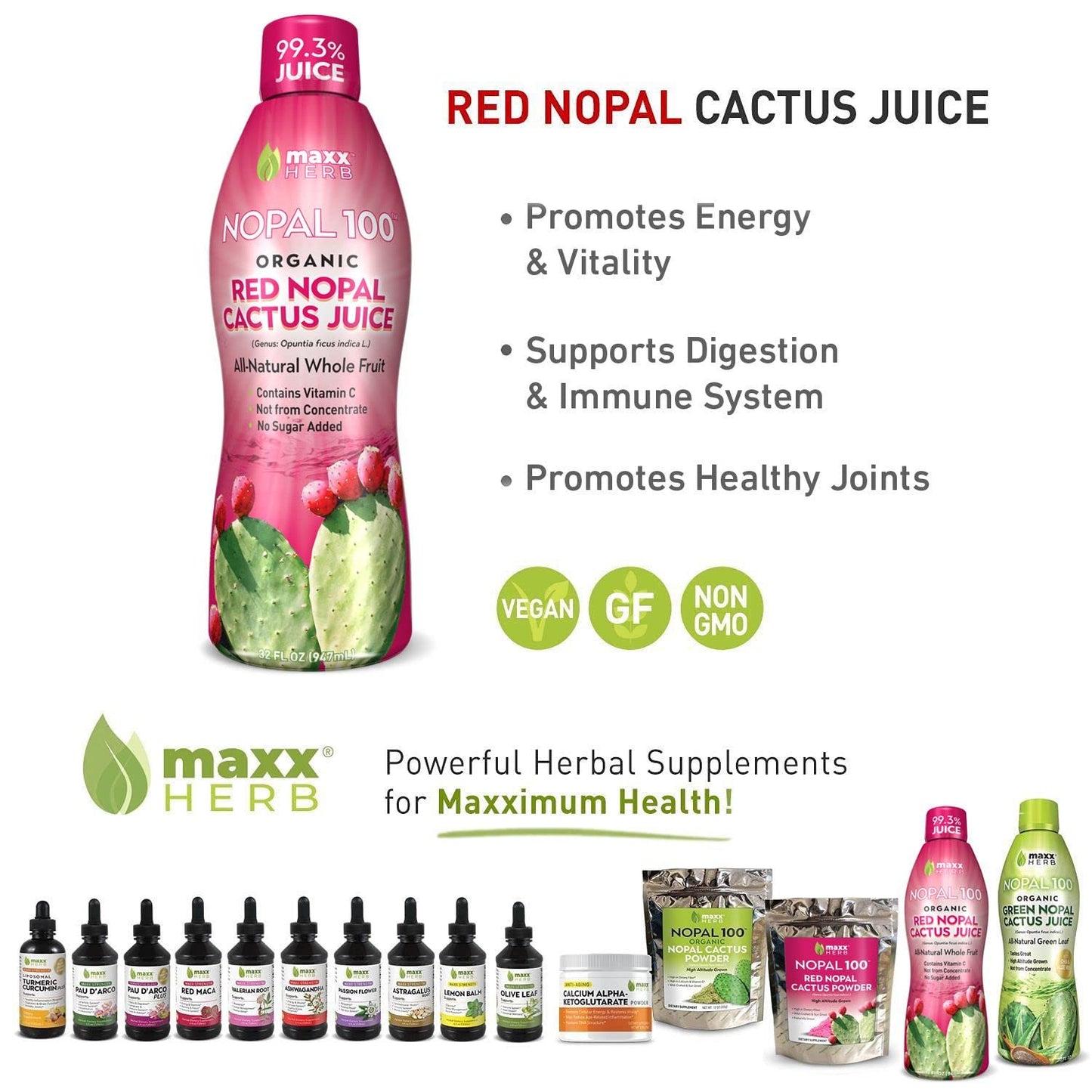 Maxx Herb Organic Red Nopal Cactus Juice - Vegan, Non-GMO, Gluten Free - 32 Oz Each, 4 Bottles