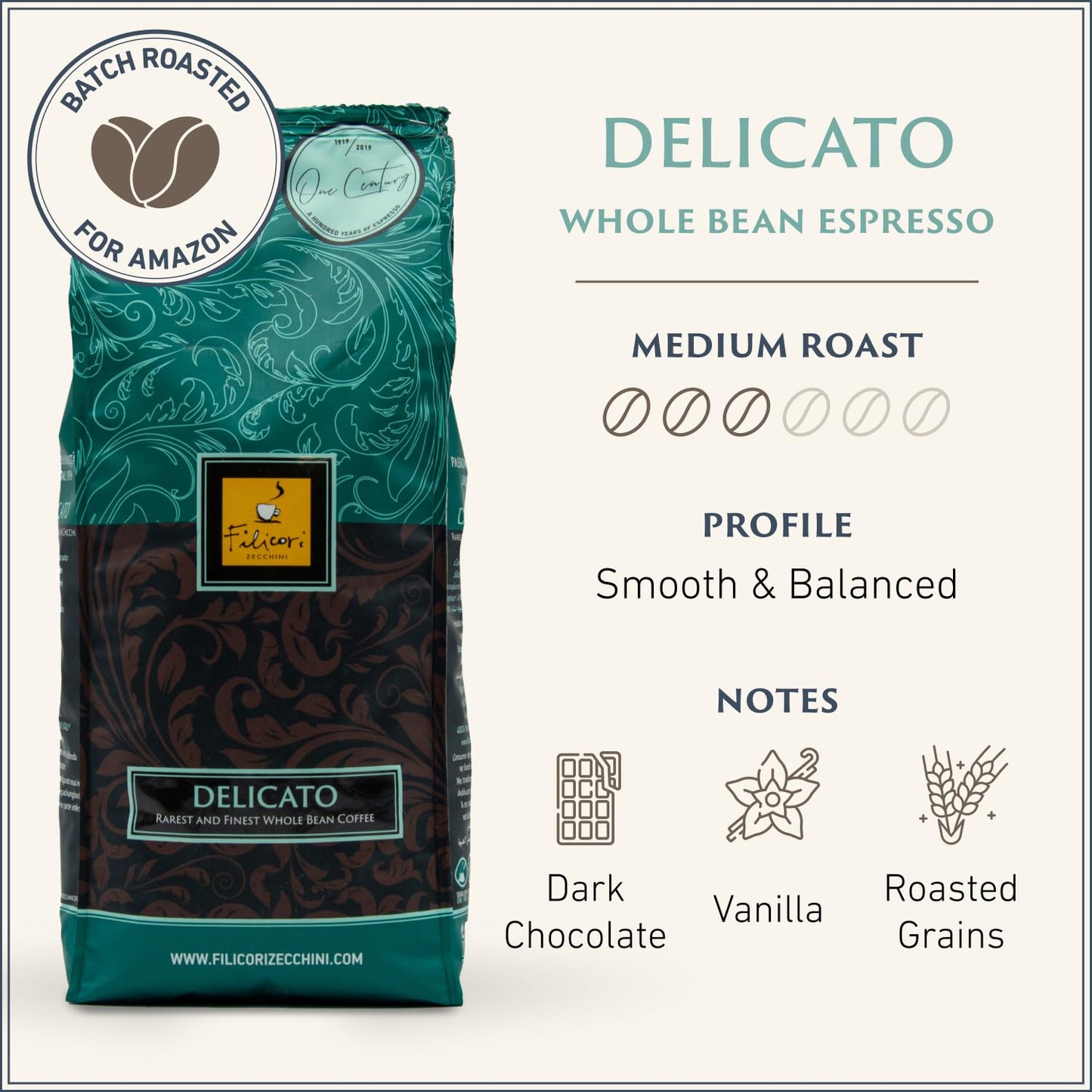 Filicori Zecchini Whole Coffee Beans, Medium Roast, Arabica & Robusta, 340g, Delicato Flavor