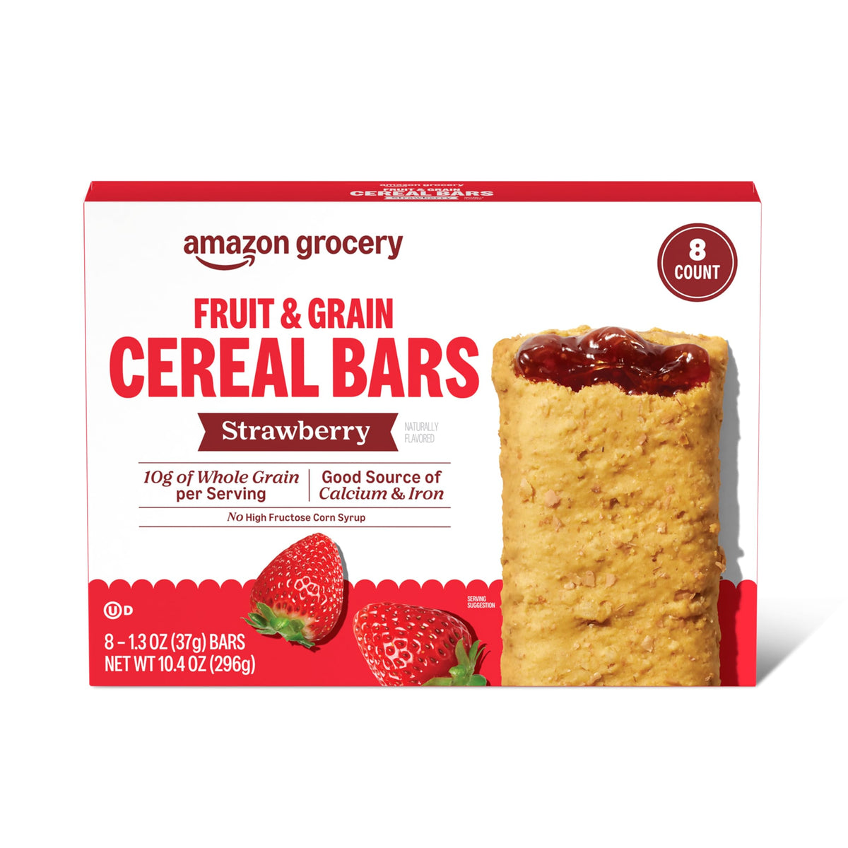 Amazon Grocery Fruit & Grain Cereal Bars, Strawberry, 8 Count, 10.4 Oz, Red