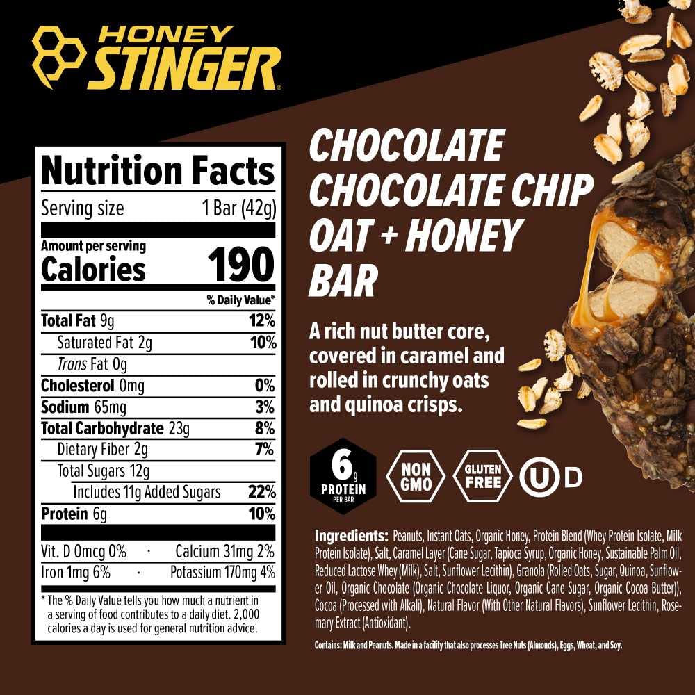 Honey Stinger Oat + Honey Bar | Chocolate Chocolate Chip | Energy Packed Food to Prepare for Exercise, Endurance and Performance