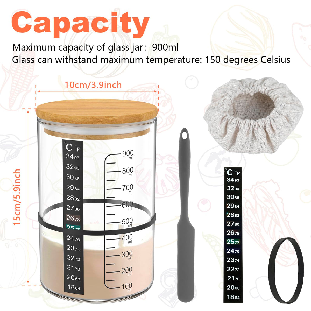 OKYMOTOR Sourdough Bread Starter Kit with 34 oz Jar, Thermometer Strips, and Breathable Covers - Brown