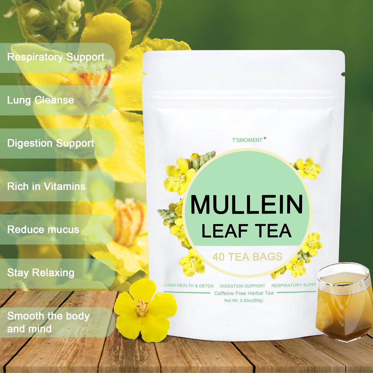 TSMOMENT Mullein Leaf Tea Bags - Herbal Tea, Caffeine Free, 40 Count