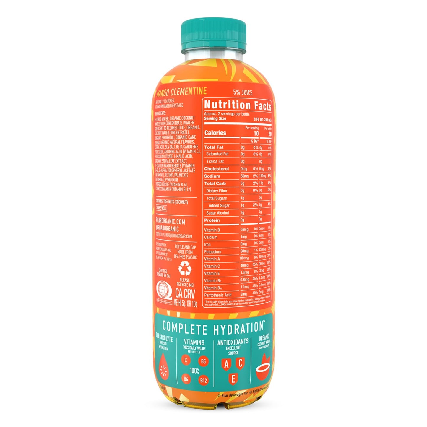 Roar Organic Electrolyte Infusions - Usda Organic - Mango Clementine - With Antioxidants, B Vitamins, Low-Calorie, Low-Sugar, Low-Carb, Coconut Water Infused Beverage 18 Fl Oz (Pack Of 12)