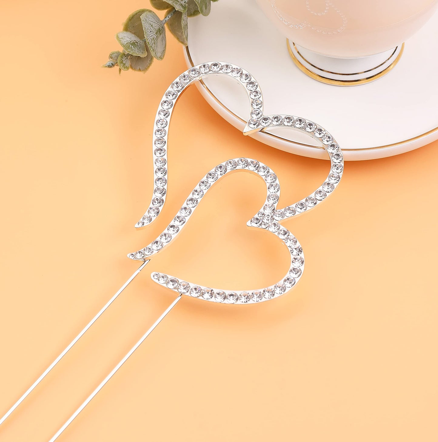 LOVENJOY Wedding Cake Topper, Two Hearts One Love, Silver, Crystal Rhinestone, 3.5 W x 8 H