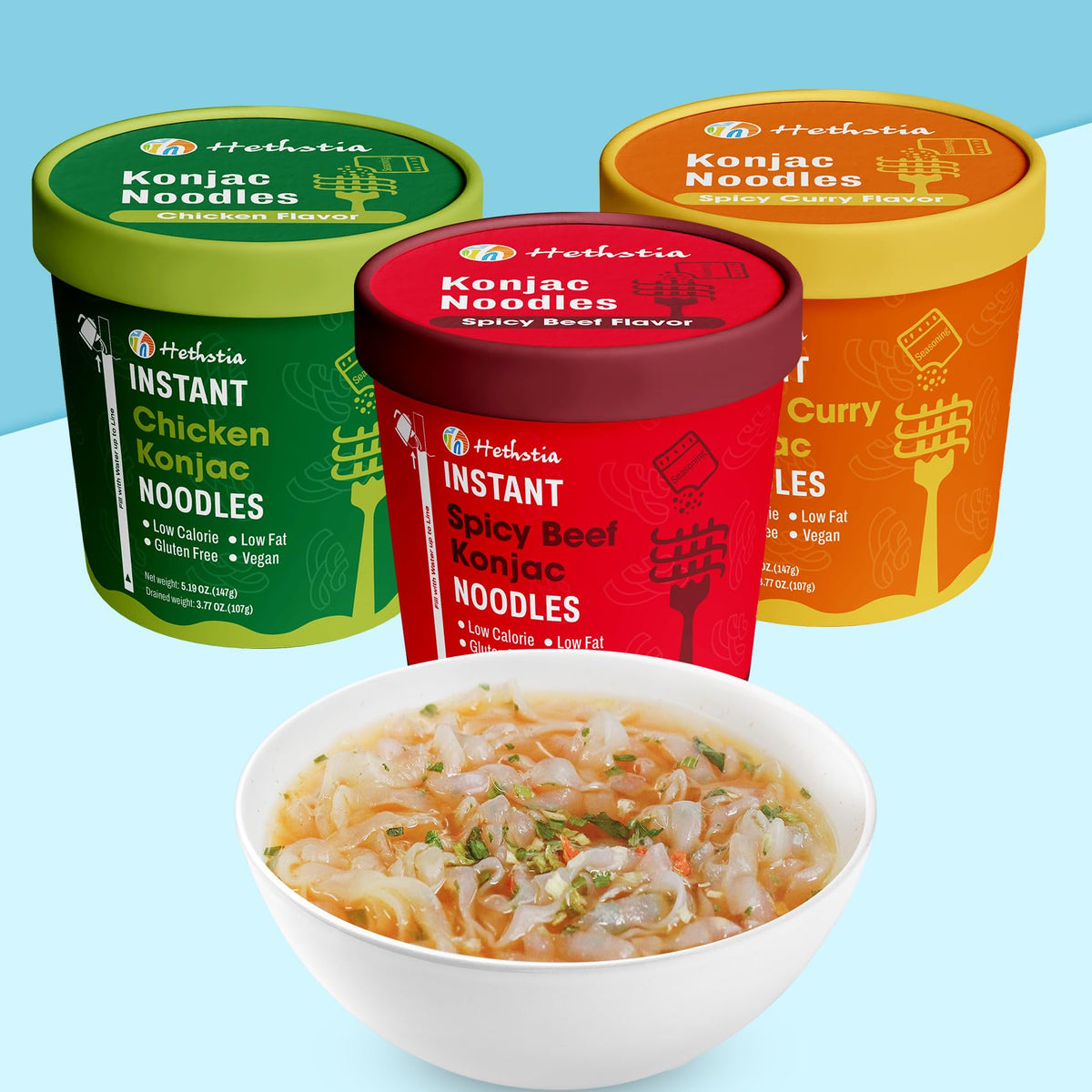 Hethstia Konjac Noodle, 6-Pack Pre-cooked Low Carb Shirataki Pho Soup Variety Flavor (Chicken, Spicy Curry, Spicy Beef)- Low-Cal