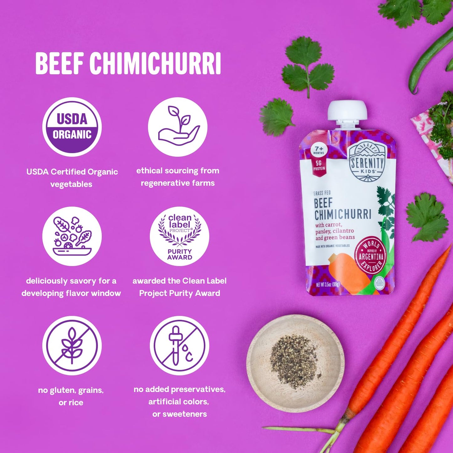 Serenity Kids 7+ Months Baby Food Pouches - Beef Chimichurri 3.5 Oz Pack Of 12-5G Protein Nutrient-Packed Meat Snacks - Bpa-Free Organic Veggie Pouches - On-The-Go Toddler Snacks & Baby Essentials