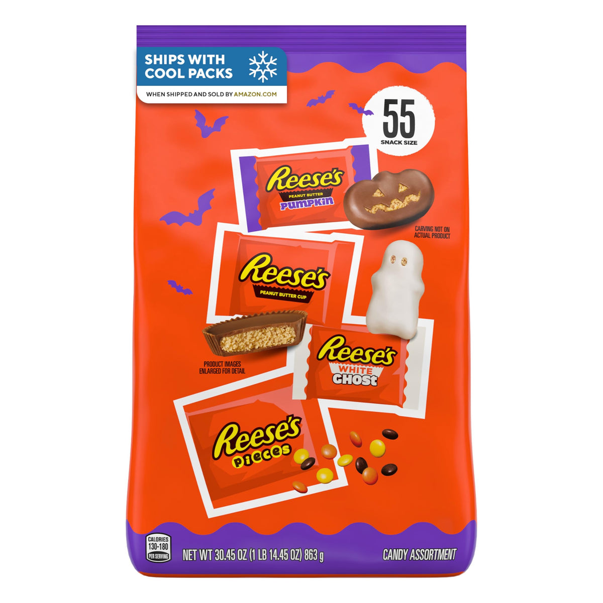 REESES Assorted Flavored Snack Size Peanut Butter, Halloween Candy Bag, 30.45 oz (55 Pieces)