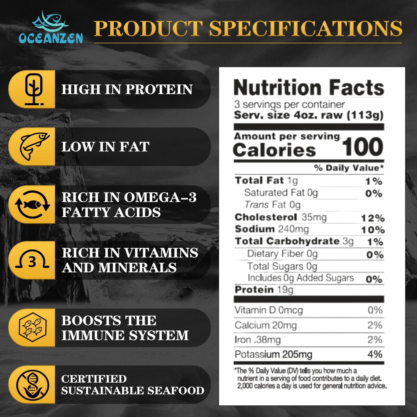 Oceanzen:Premium Frozen Seafood Premium 10 To 20 Count Per Pound Dry Sea Scallops(8 Lb)