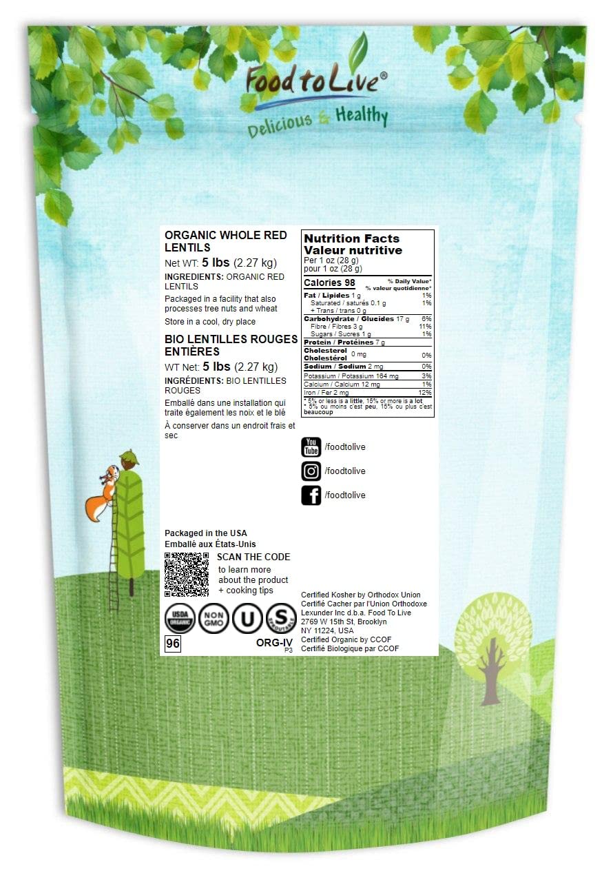 Food to Live Organic Whole Red Lentils, 5 Pounds Non-GMO, Dry Raw Lentils, Sproutable, Vegan, Kosher, Bulk. Easy to Cook. Good S