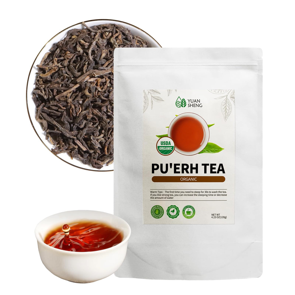 Yuansheng Pu-Erh Tea Loose Leaf  Organic Yunnan Aged Fermented Tea  Rich Antioxidants  Usda Organic Ripe Puerh Tea  Deep Earthy Flavor  Digestive Health & Wellness Tea  4.23 Oz