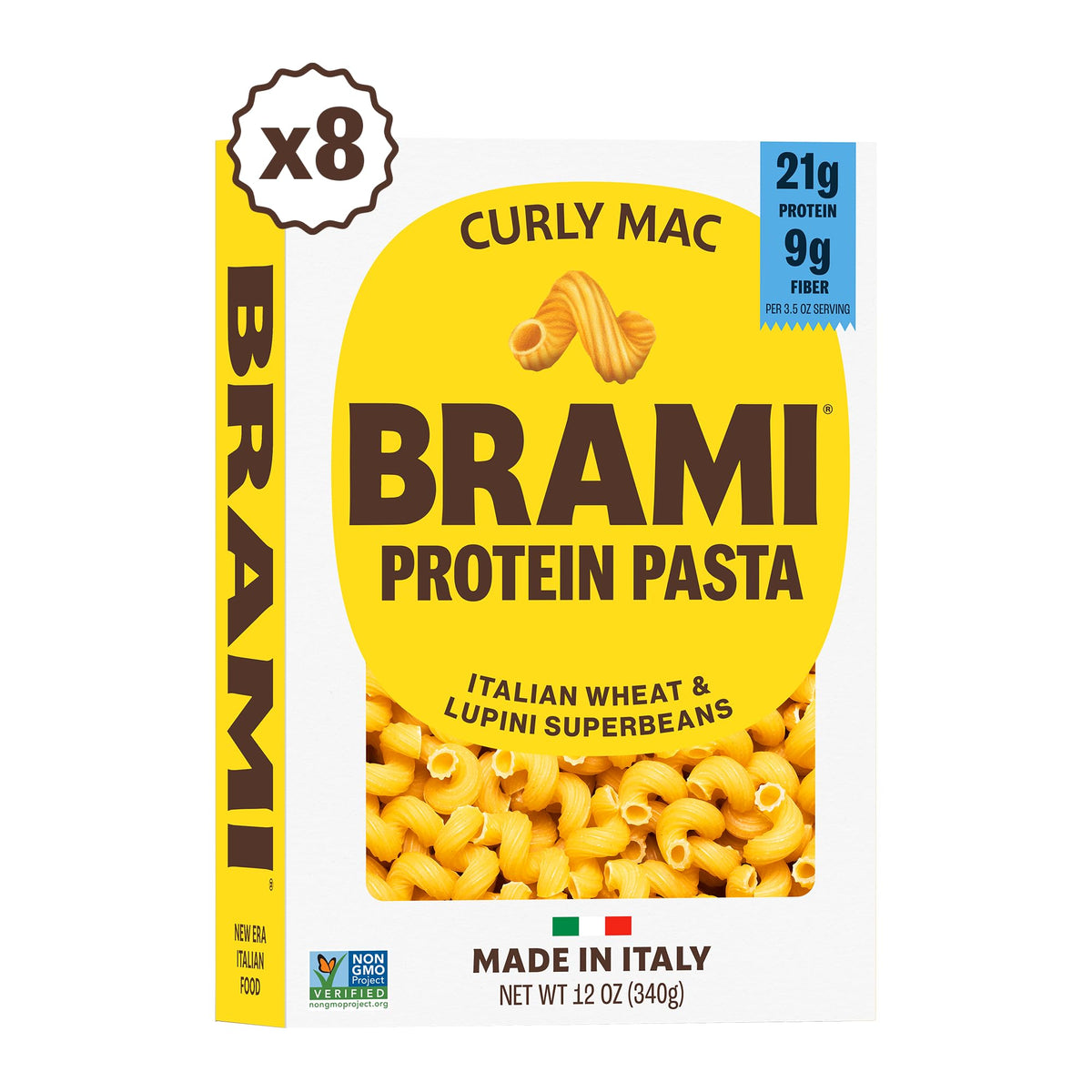 Brami Pasta | Made With Semolina Wheat & Lupini Beans | High Protein & Fiber, Low Carb Healthy Pasta |Curly Mac 12 Oz Pack Of 8