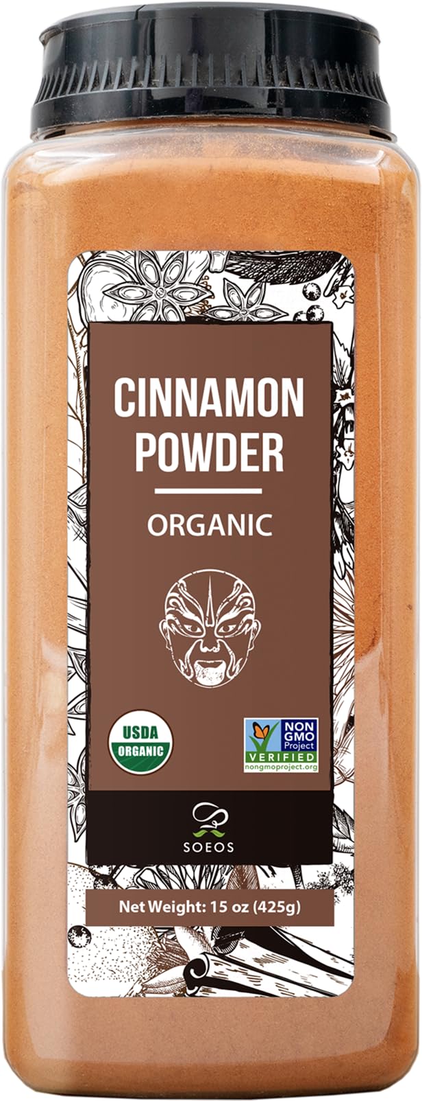 Soeos Organic Ground Cinnamon Powder, Non-GMO, Kosher Certified, 15 oz (425g), Orange