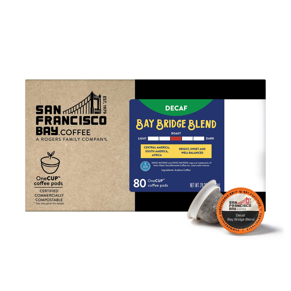 San Francisco Bay Compostable Coffee Pods - Decaf Bay Bridge Blend (80 Ct) K Cup Compatible, Medium Roast, Swiss Water Processed