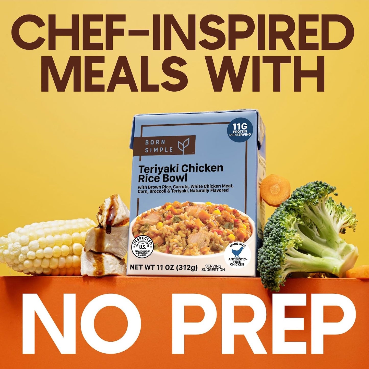 Born Simple Prepared Meals - Ready To Eat Teriyaki Chicken Rice Bowl | 11G Protein | 11 Oz (Pack Of 3)