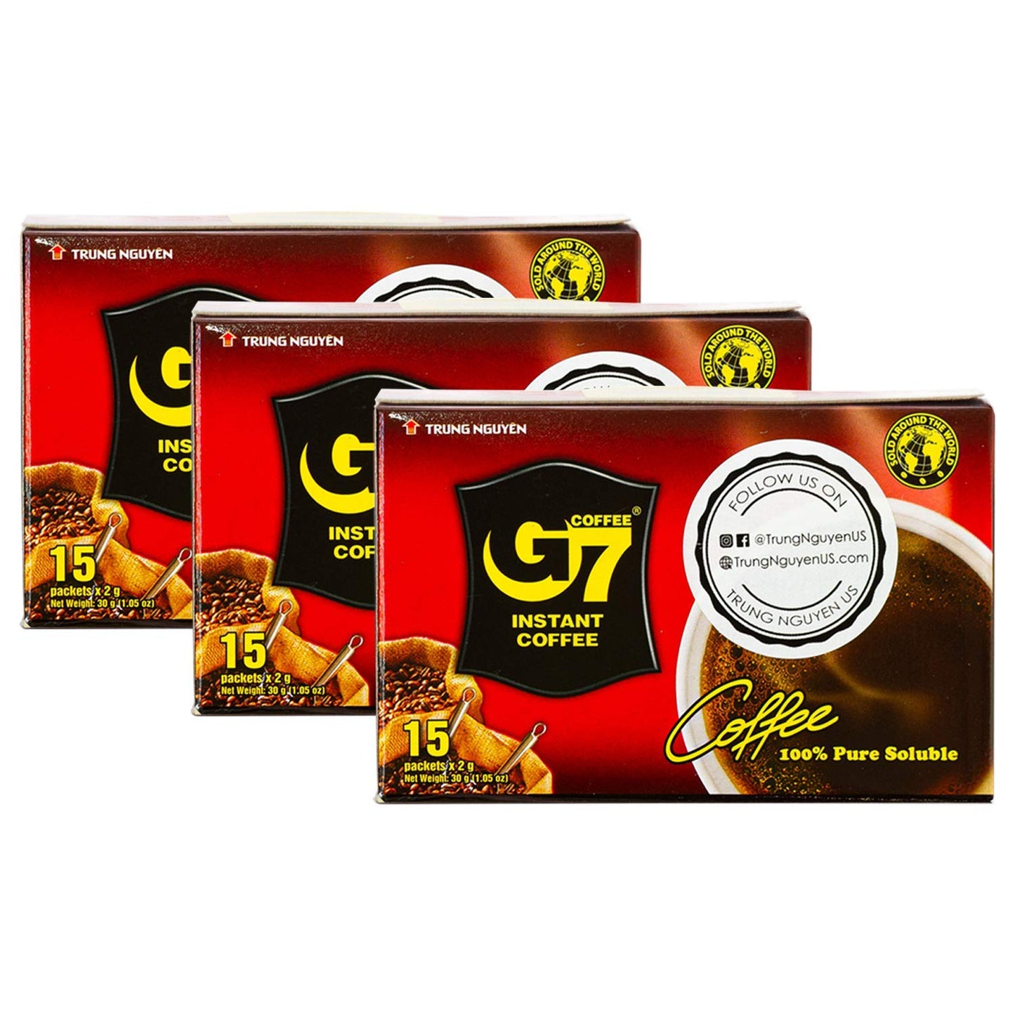 Trung Nguyen - G7 Instant Coffee - Pure Black - 100% Soluble Coffee - Strong and Bold - Instant Vietnamese Coffee (15 Packets/Bo