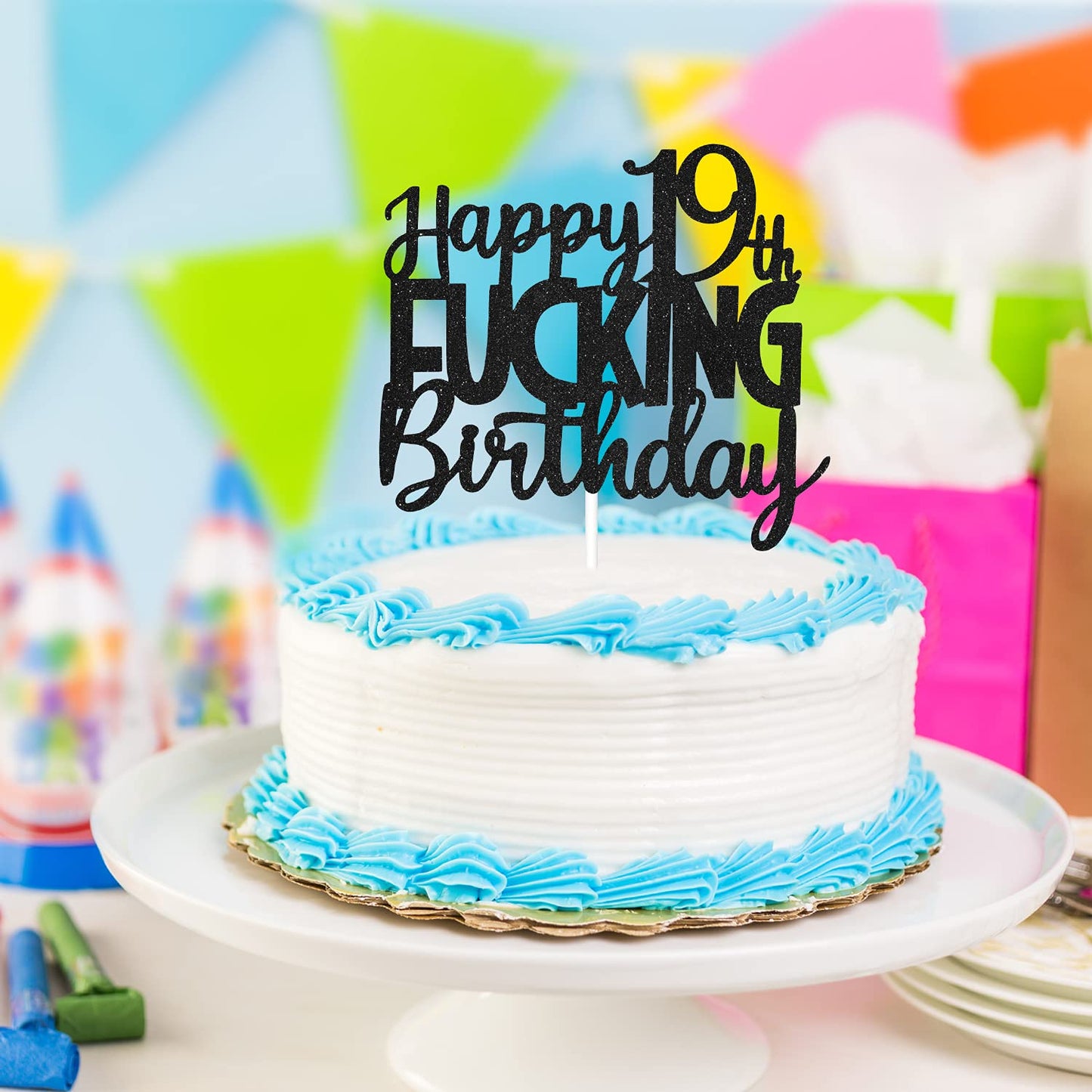 Caiwowo Birthday Cake Topper - Funny Black Glitter Design for 19th Birthday Celebration - Paper Material