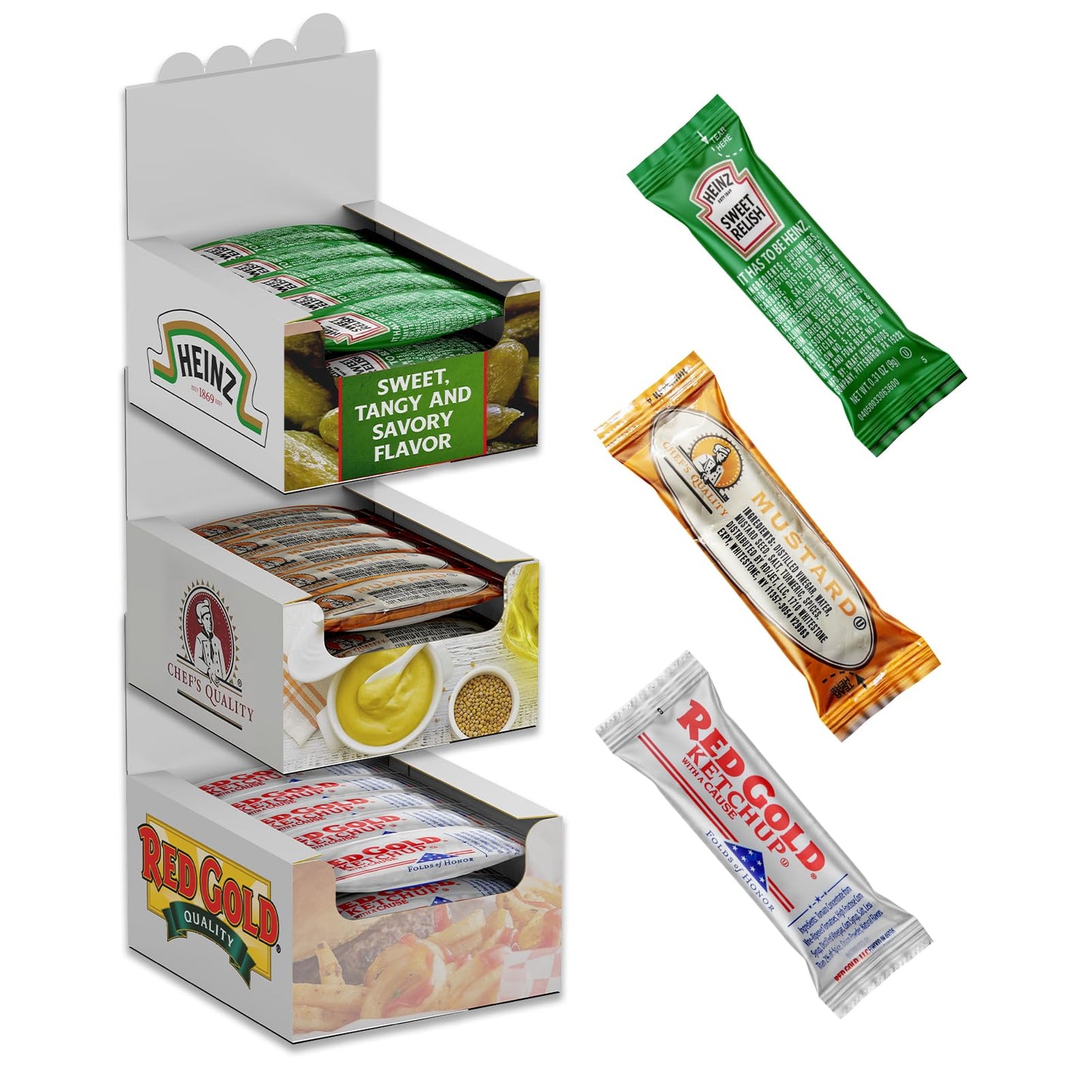 Condiment Variety Pack Single Serve Pouches: Each of KETCHUP, MUSTARD, and RELISH - Perfect for Picnics, Lunch Boxes, BBQs, Trav