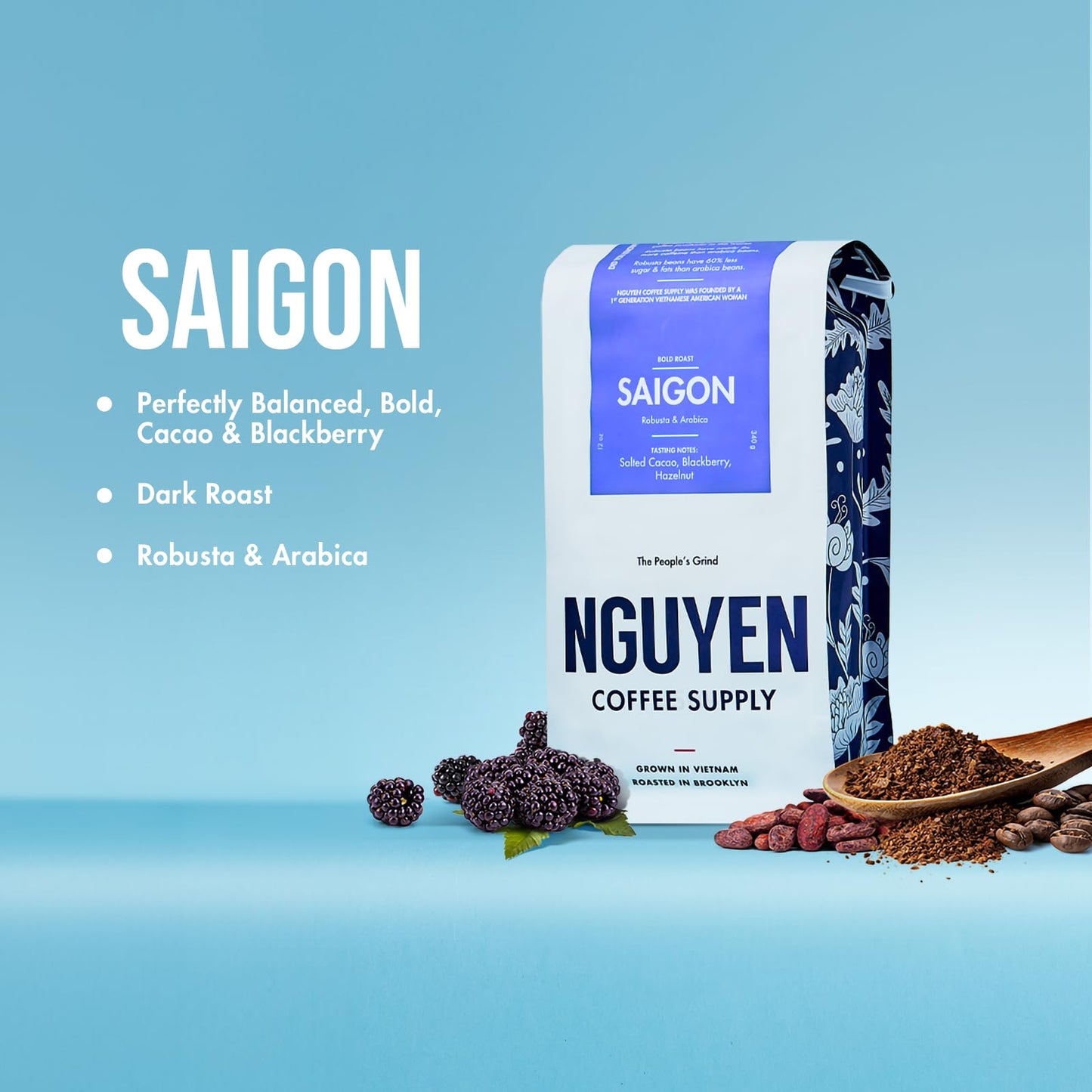 Nguyen Coffee Supply Saigon Peaberry Dark Roast Whole Coffee Beans, Organic, 12 oz Bag