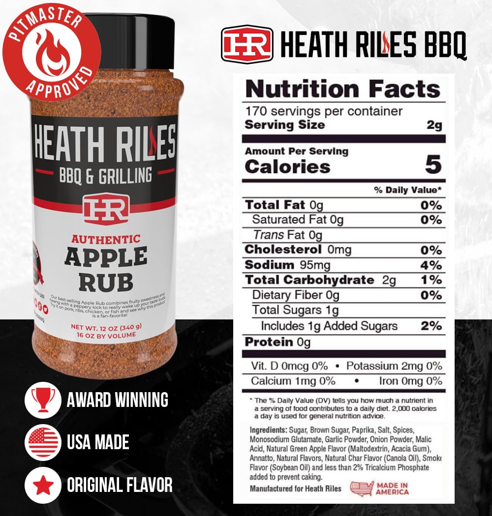 Heath Riles BBQ Apple Rub Seasoning, Shaker Spice Mix, 12 oz.