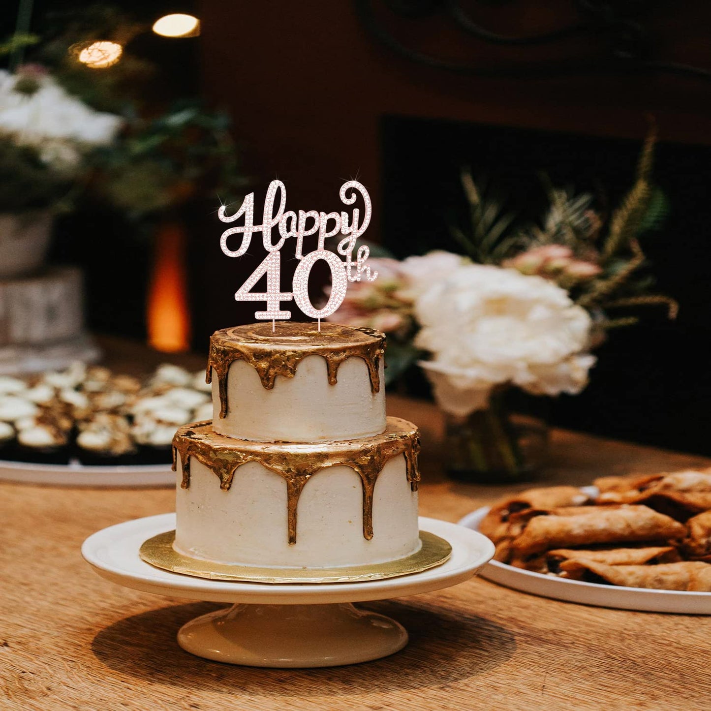 Happy 40Th Birthday Rose Gold Rhinestone Cake Topper - 40Th Birthdayanniversary,Cheers To Forty Years Old Bday Party Metal Spark