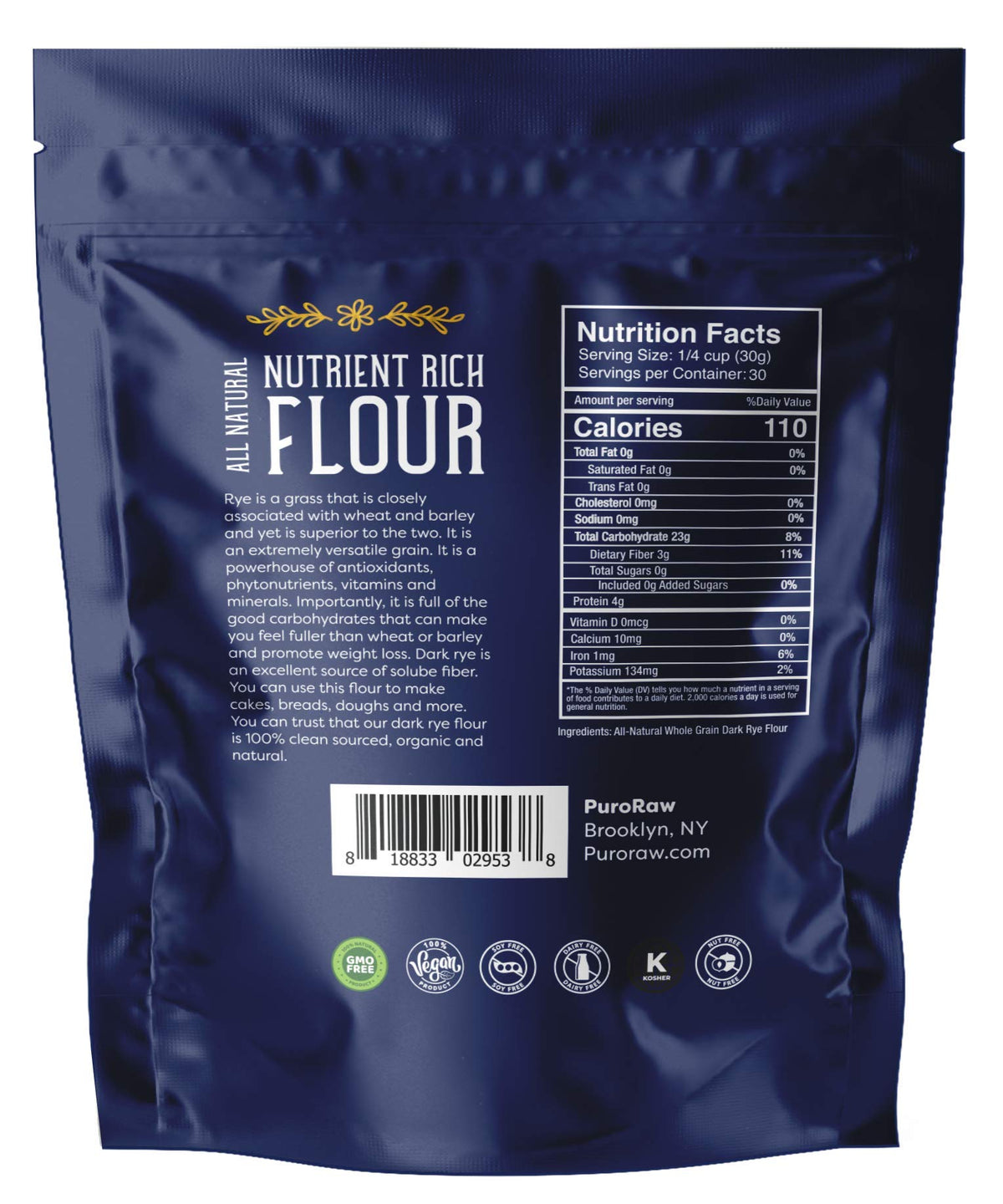 Dark Rye Flour, 2Lbs, Dark Rye Flour For Bread Machine, Pumpernickel Flour, Whole Rye Flour For Baking, Rye Bread Flour, Pumpernickel Meal, Non-Gmo, Batch Tested, Product Of Canada, By Puroraw.