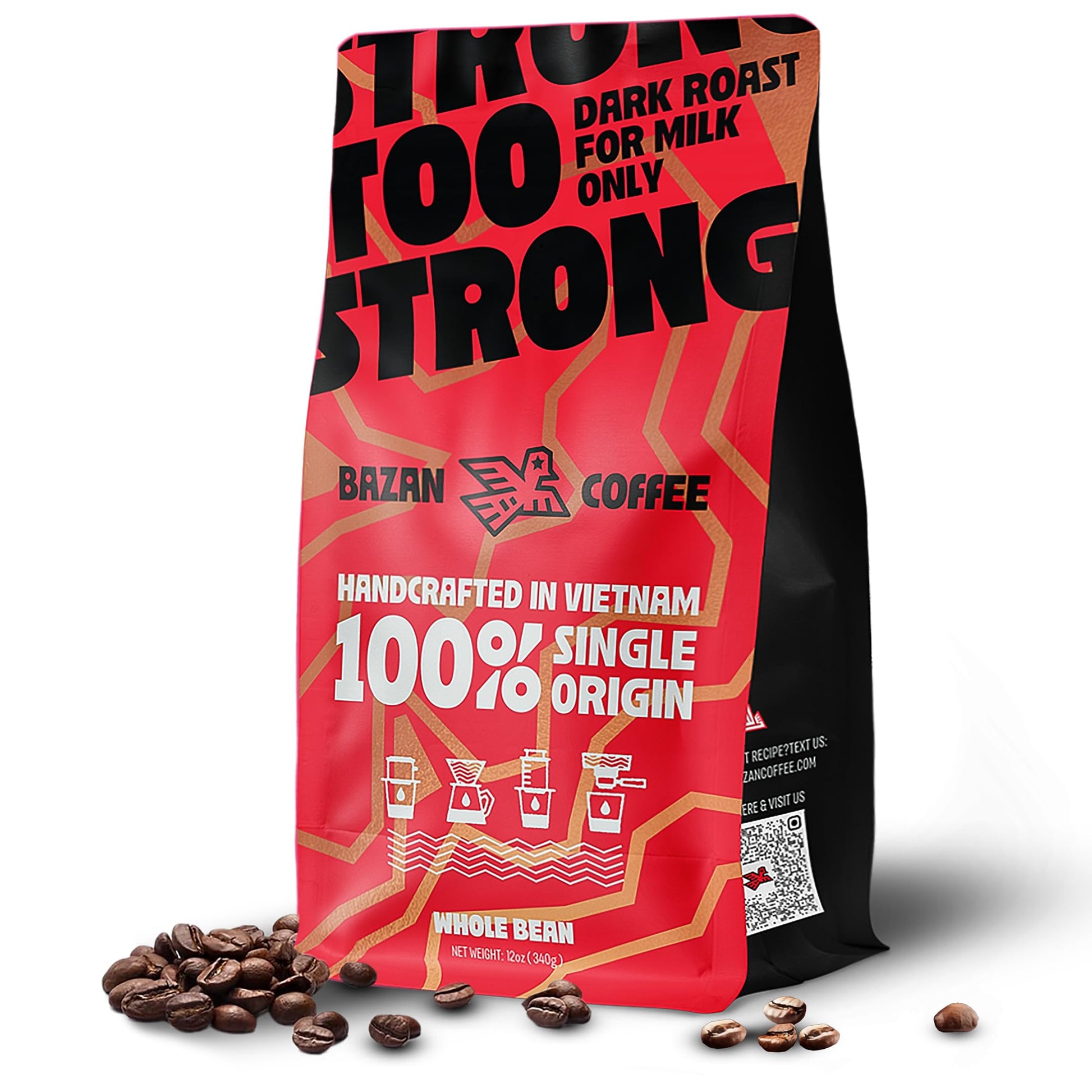 BAZAN COFFEE - Too Strong Robusta Vietnamese Whole Bean Coffee Dark Roast  Single Origin  High Caffeine & Low Acid Coffee  Bold Espresso Coffee Beans for Espresso Lovers  Full Bodied Flavor - 12oz bag