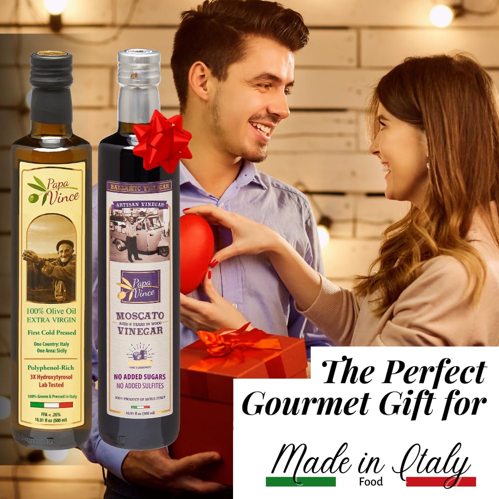 Papa Vince Extra Virgin Olive Oil & Balsamic Vinegar Set - 16.91 oz each, Aged 8 Years, First Cold Pressed, Made in Sicily, Italy