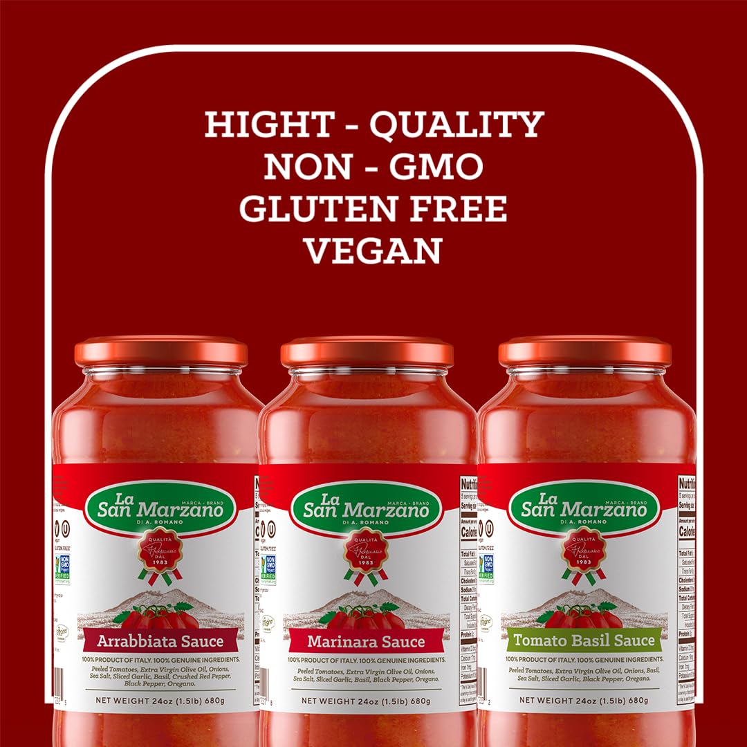 La San Marzano Pasta Sauce Variety Pack, Tomato Basil, Arrabiata, Marinara, 24 oz each, All Natural, Vegan, Gluten Free, 3 Pack