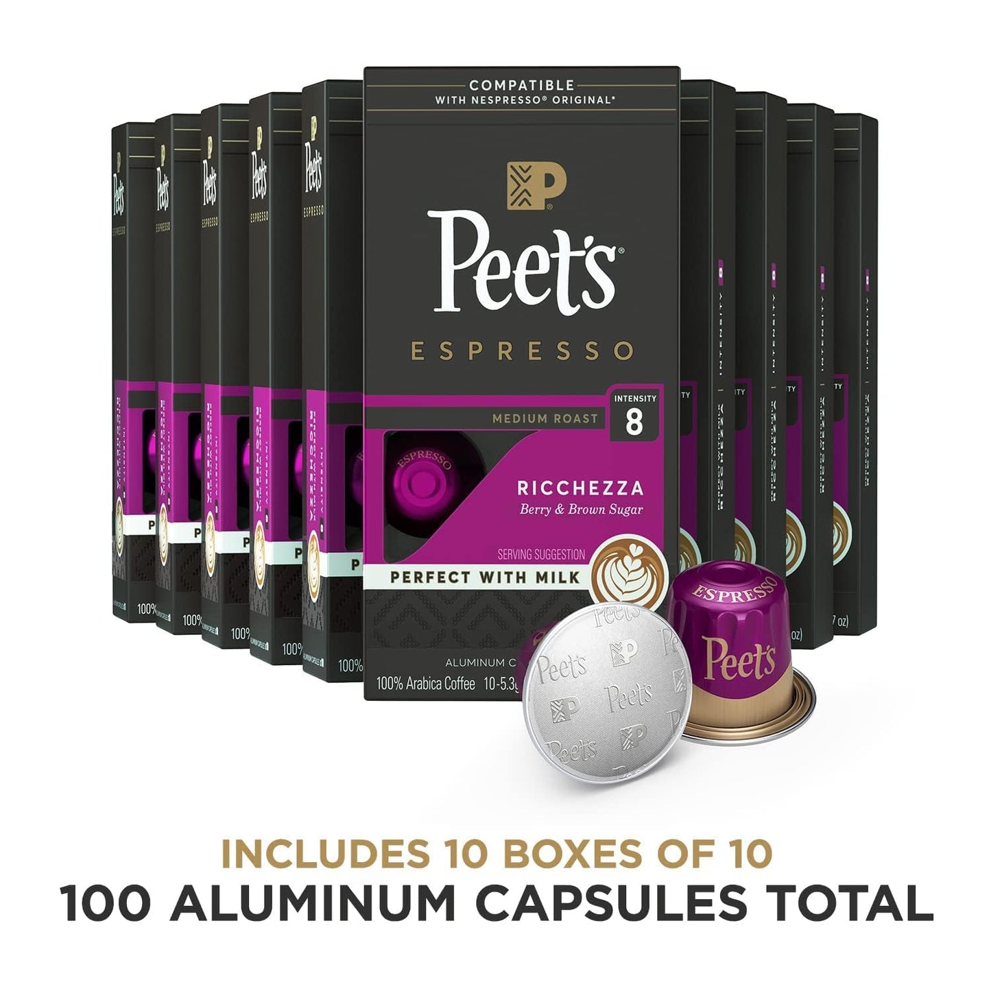 Peets Coffee Medium Roast Espresso Pods, 100 Count, Ricchezza Intensity 8, Purple