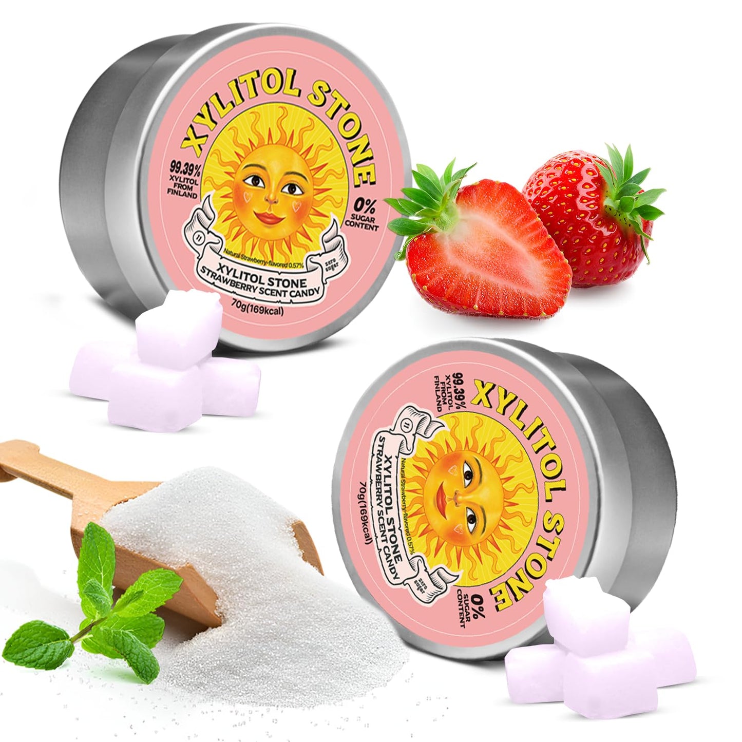Xylitol Stone Sugar Free Candy - Vegan & Keto Friendly Unique Hard Candy Sugar-Free - 100% Natural Flavor Candies - Gluten Free & Non-Gmo Breath Freshener Low Calorie Mints - Strawberry (Pack Of 2)