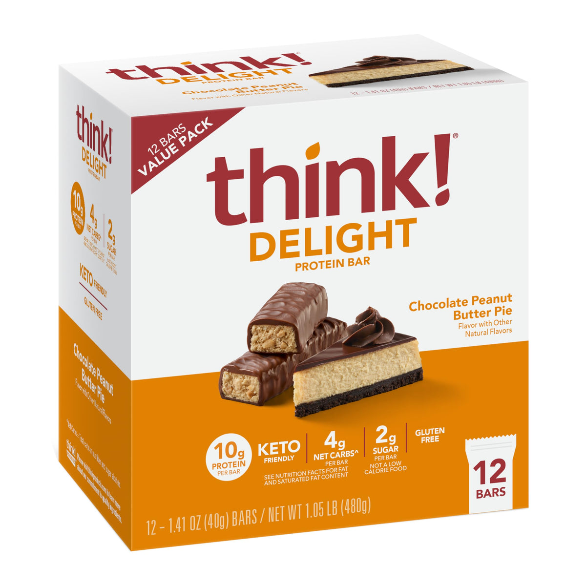 Think! Delight Protein Bars, Gluten Free Snack - Chocolate Peanut Butter Pie, 12 Count (Packaging May Vary)