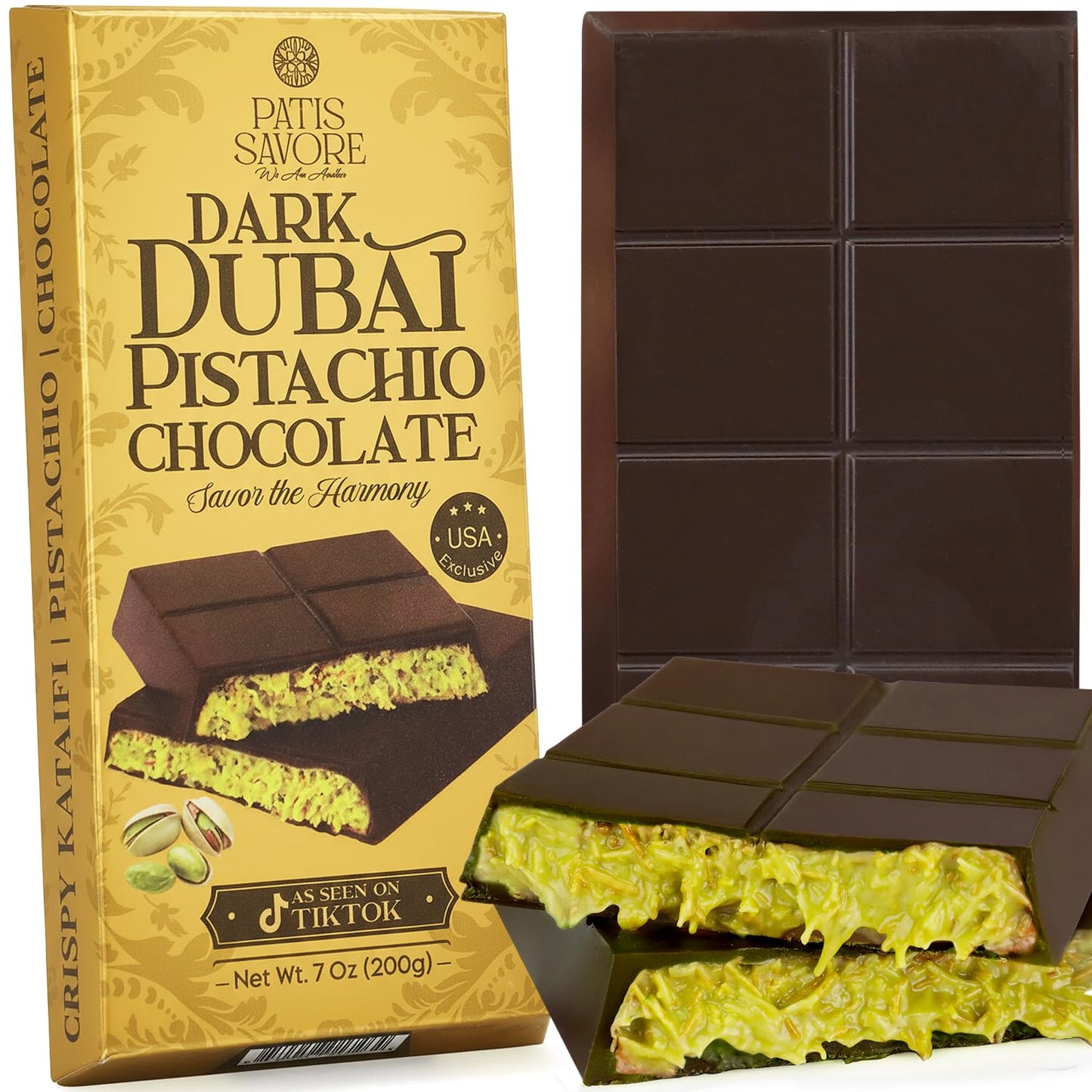 Dubai Dark Chocolate Bar Pistachio - Crispy Kataifi With Pistachio Paste | Gourmet Gift Chocolate | 7Oz Rich, Textured Treat