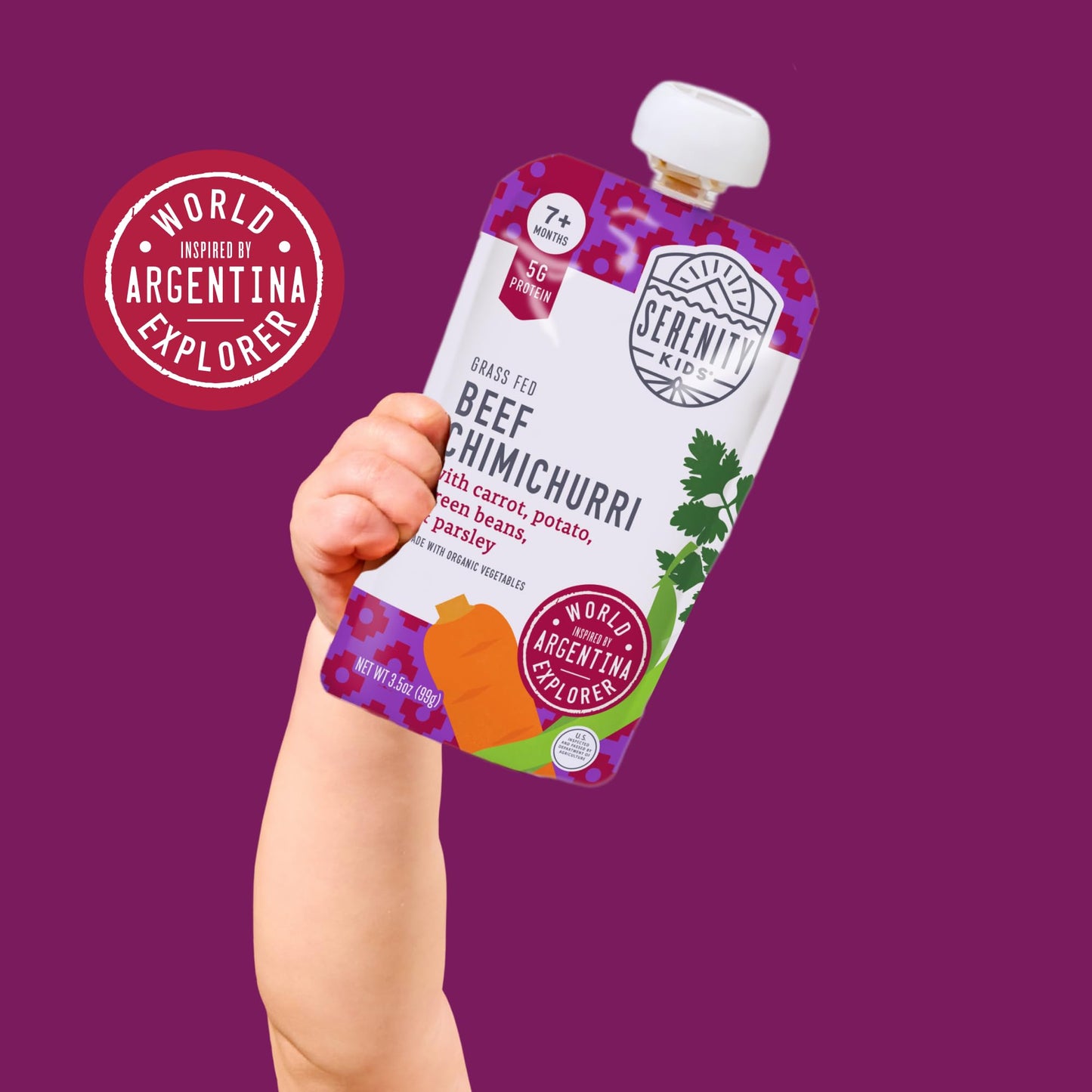 Serenity Kids 7+ Months World Explorers Baby Food Pouches - Puree w/Ethically Sourced Meats & Organic Veggies - 3.5 Oz BPA-Free