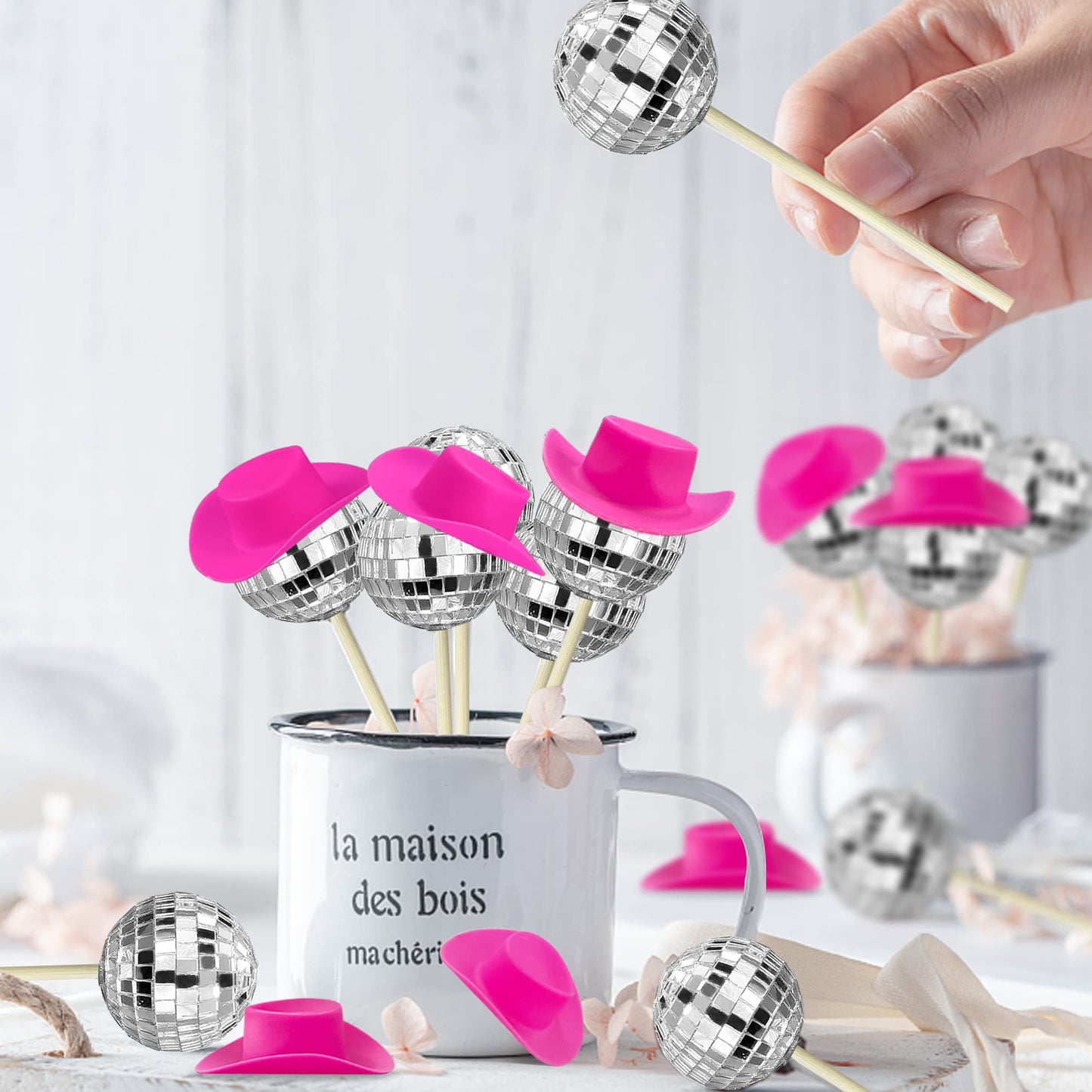 HAVAGDTM Disco Ball Cake Decorations Set - 40 PCS, Pink Cowboy Hat & Cupcake Toppers, 1970s Theme Party Picks