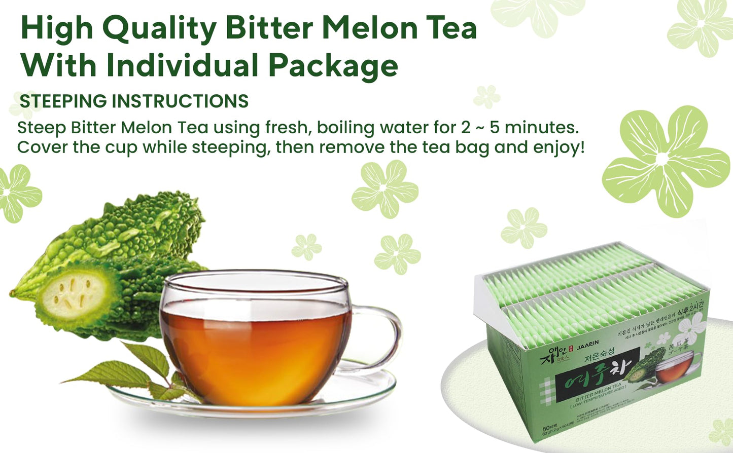 JaAeIn Bitter Melon Tea - 100% Natural Korean Gohyah Fruit Tea, Caffeine-Free, Vegan, 50 Tea Bags
