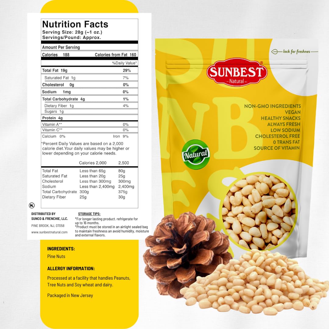 Sunbest Natural Pine Nuts Pignolia 8 Oz 1 Pack – Unsalted, Raw, Crunchy, Fresh & Delicious, Kosher Certified - Ideal For Snacking, Topping & Baking - Non-Gmo, Gluten Free