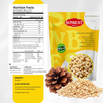Sunbest Natural Pine Nuts Pignolia 8 Oz 1 Pack – Unsalted, Raw, Crunchy, Fresh & Delicious, Kosher Certified - Ideal For Snacking, Topping & Baking - Non-Gmo, Gluten Free