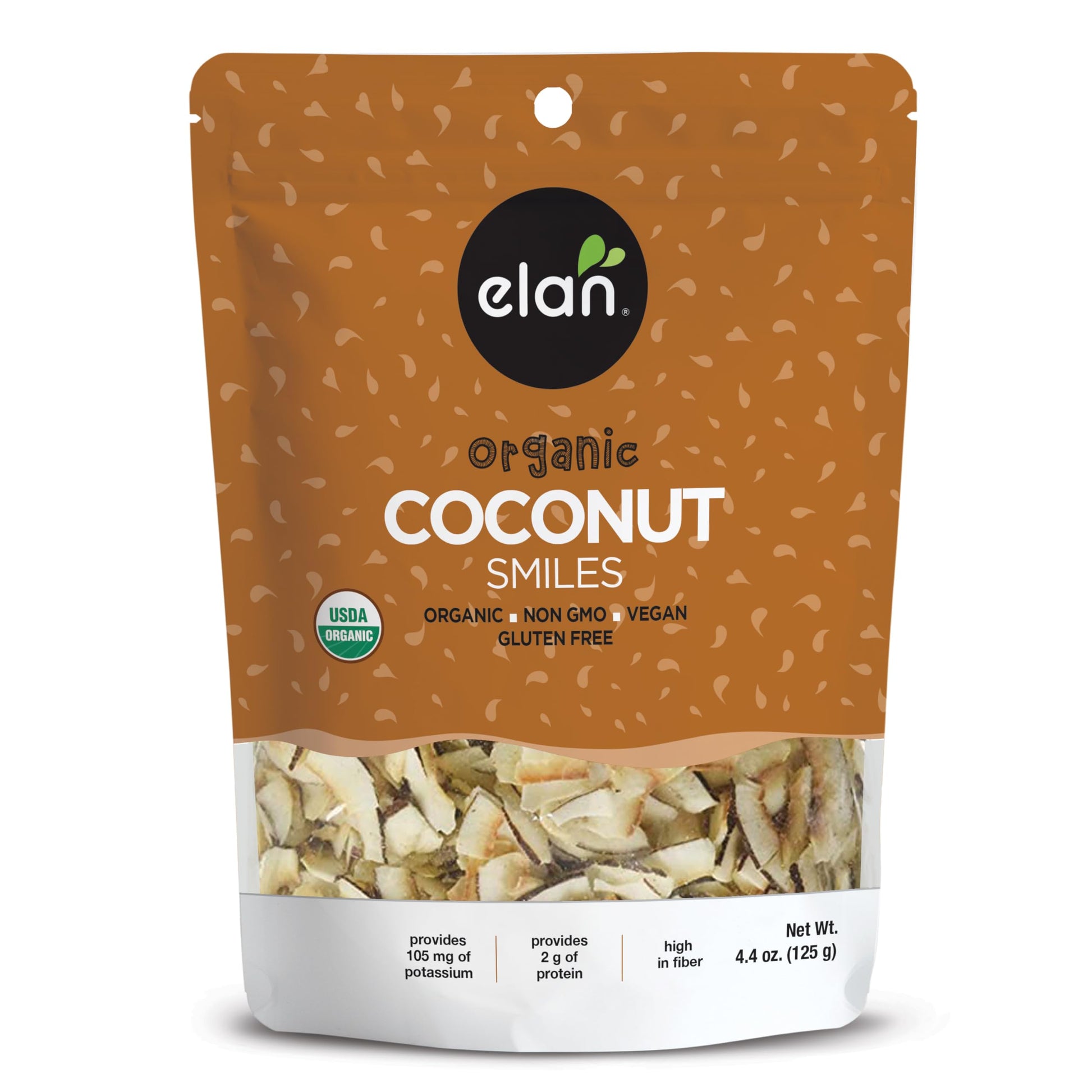 Elan Organic Coconut Smiles, 4.4 oz, Dried Coconut, Lightly Roasted, Unsweetened Coconut Chips, No Sugar Added, Non-GMO, Vegan, 