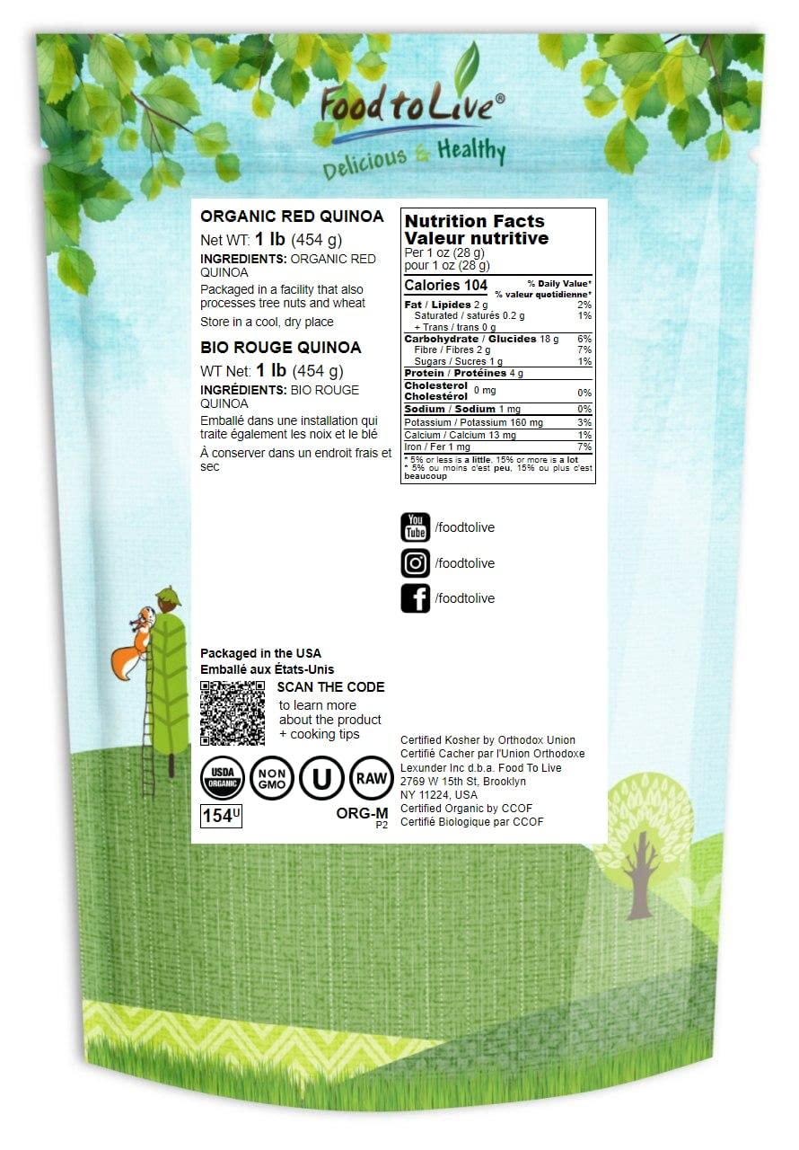 Food to Live - Organic Red Quinoa, 1 Pound Non-GMO, Whole Grain, Kosher, Vegan, Sirtfood, Bulk. Rich in Essential Amino Acids, P