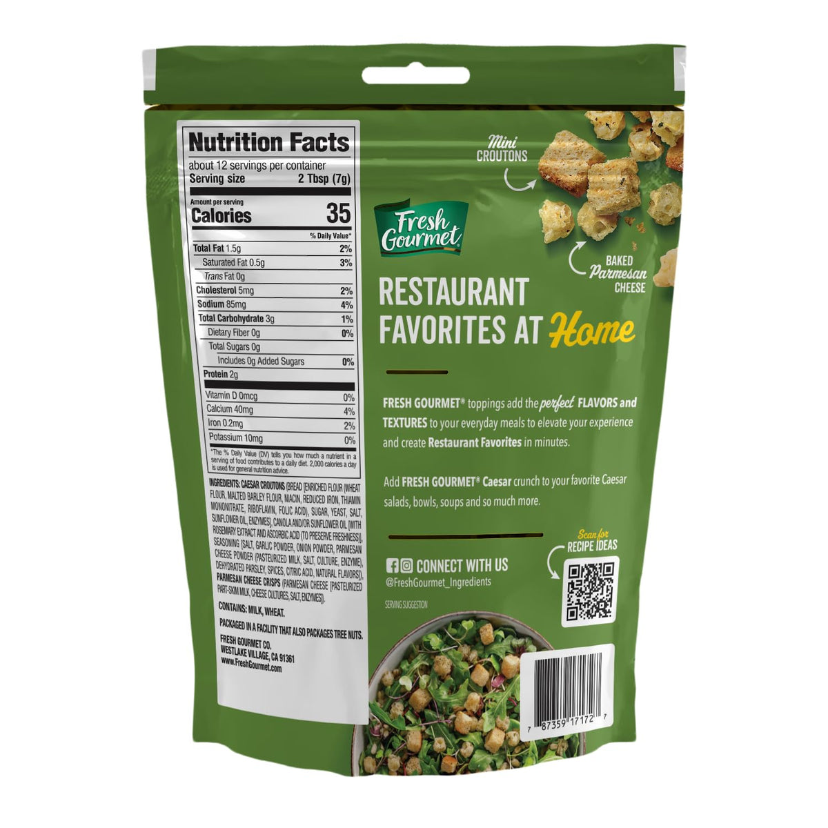 Fresh Gourmet Caesar Crunch Salad Topping, 3Oz, 12-Pack - Mini Croutons & Parmesan Cheese Crisps For Salads, Bowls, Potatoes & M