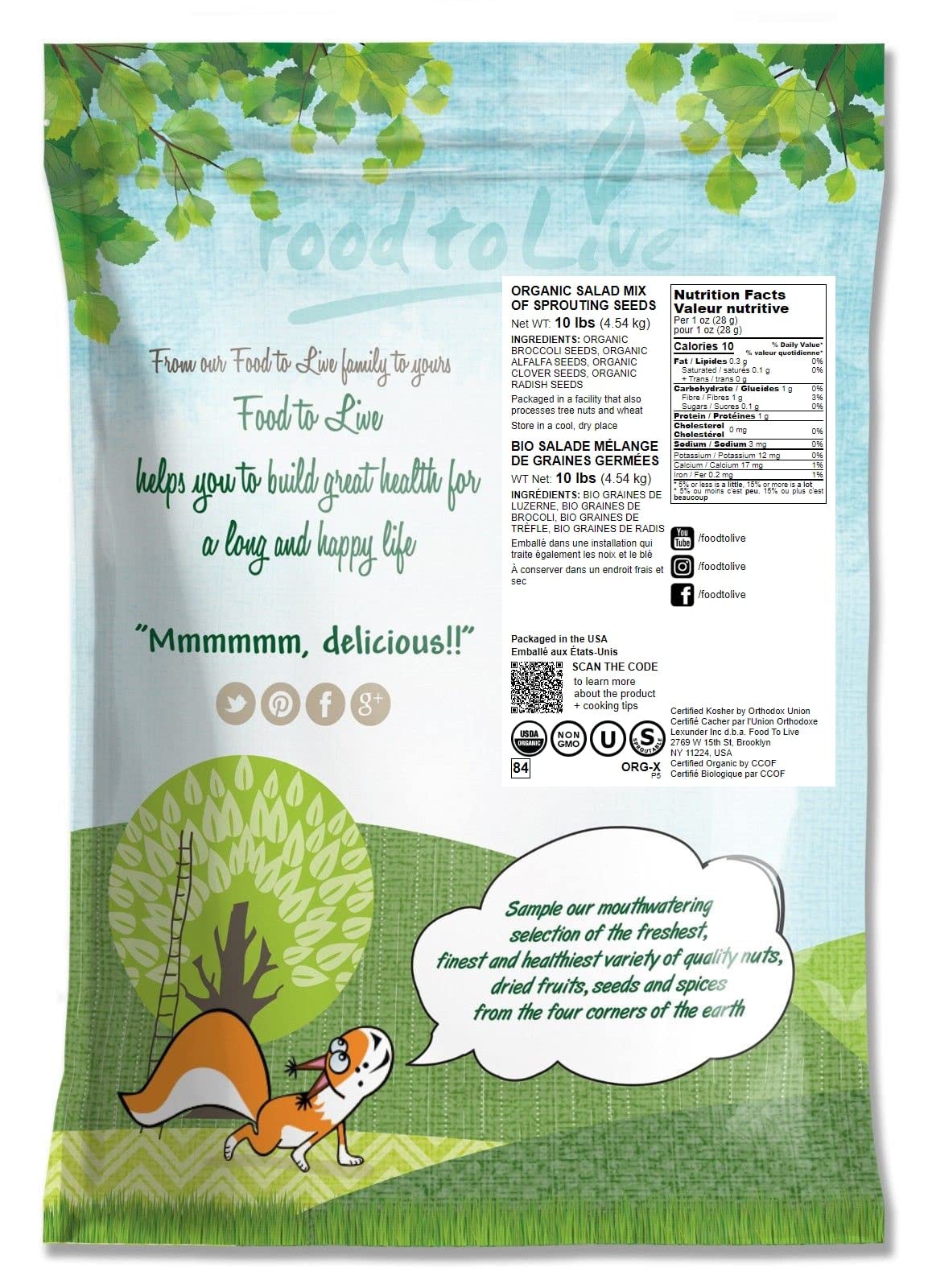 Food to Live Organic Salad Mix of Sprouting Seeds, 10 Pounds - Non-GMO Broccoli, Radish, Clover, Alfalfa. Rich Germination Rate,
