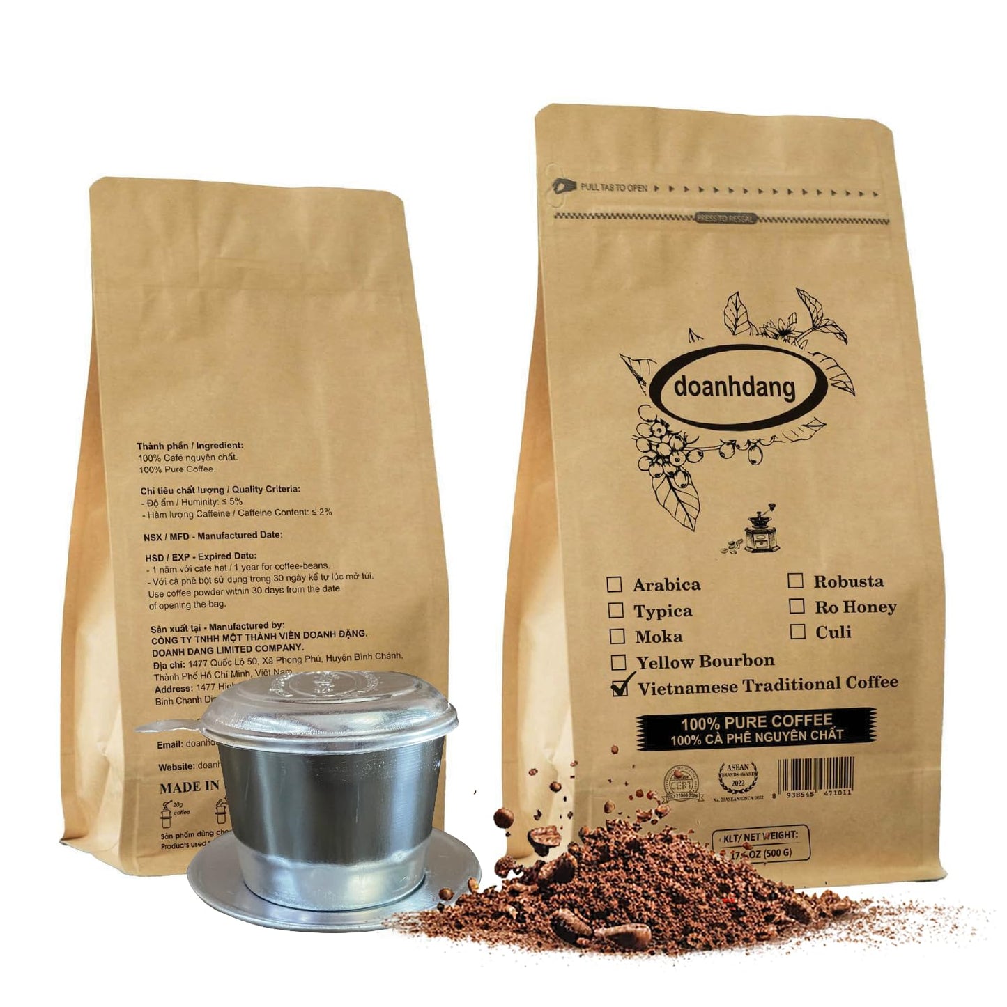Doanhdang - 17 Oz Traditonal Vietnamese Coffee Blend  Arabica  Robusta  Culi With Caramel Ground Coffee  Espresso & Brew  Oriflavor Blend From Vietnam  Whole Med Roast Ground  Pack Of 1  Phin Filter Included