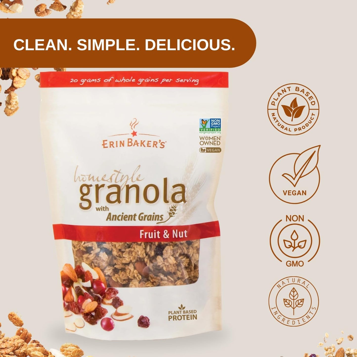 Erin Bakers Homestyle Granola Cereal With Ancient Grains, Fruit And Nut - Made From Natural Ingredients, Source Of Plant-Based Protein - Vegan Friendly, Non-Gmo, 12Oz Bags, 6-Pack