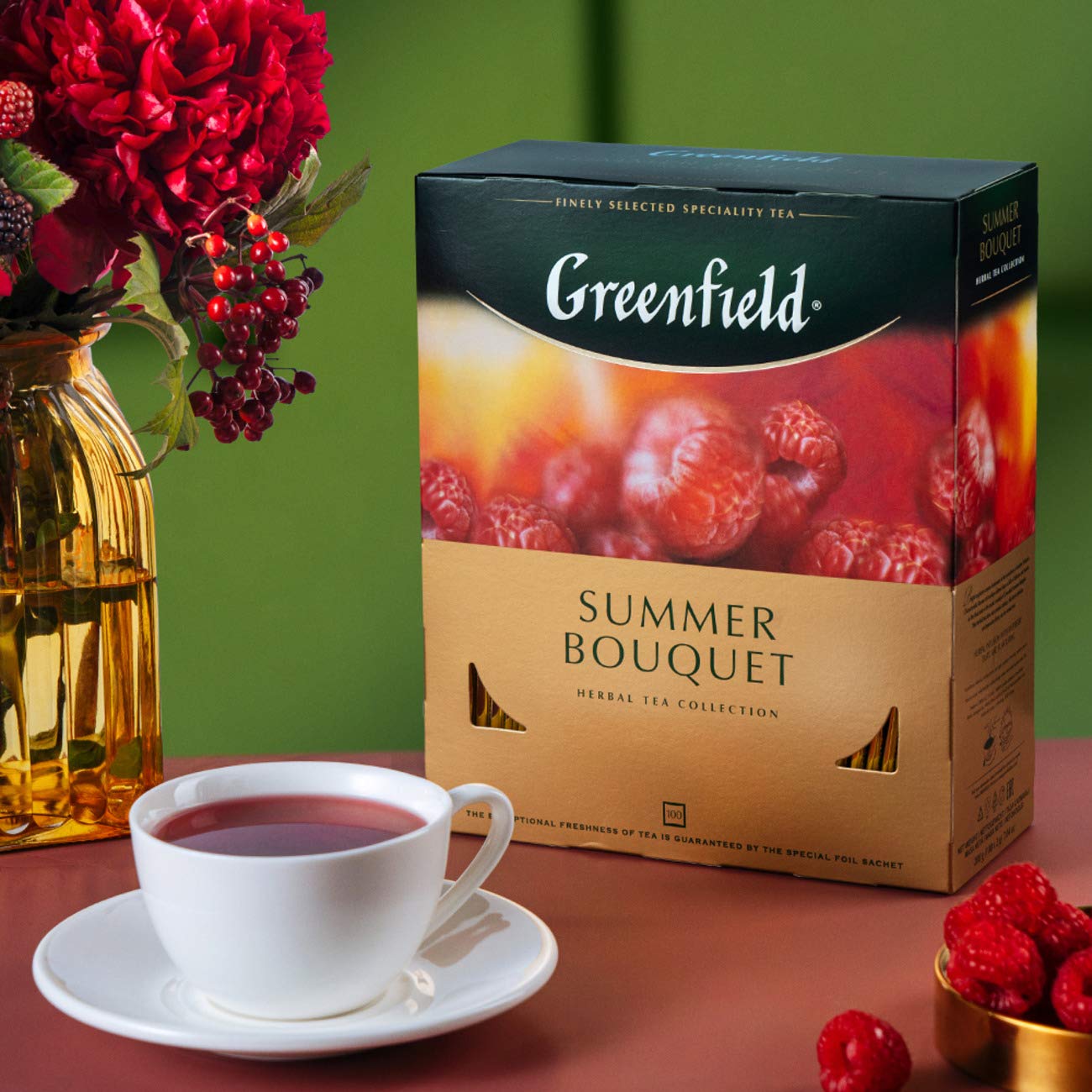 Greenfield Summer Bouquet Herbal Tea Collection Finely Selected Speciality Tea 100 Double Chamber Teabags With Tags In Foil Sach